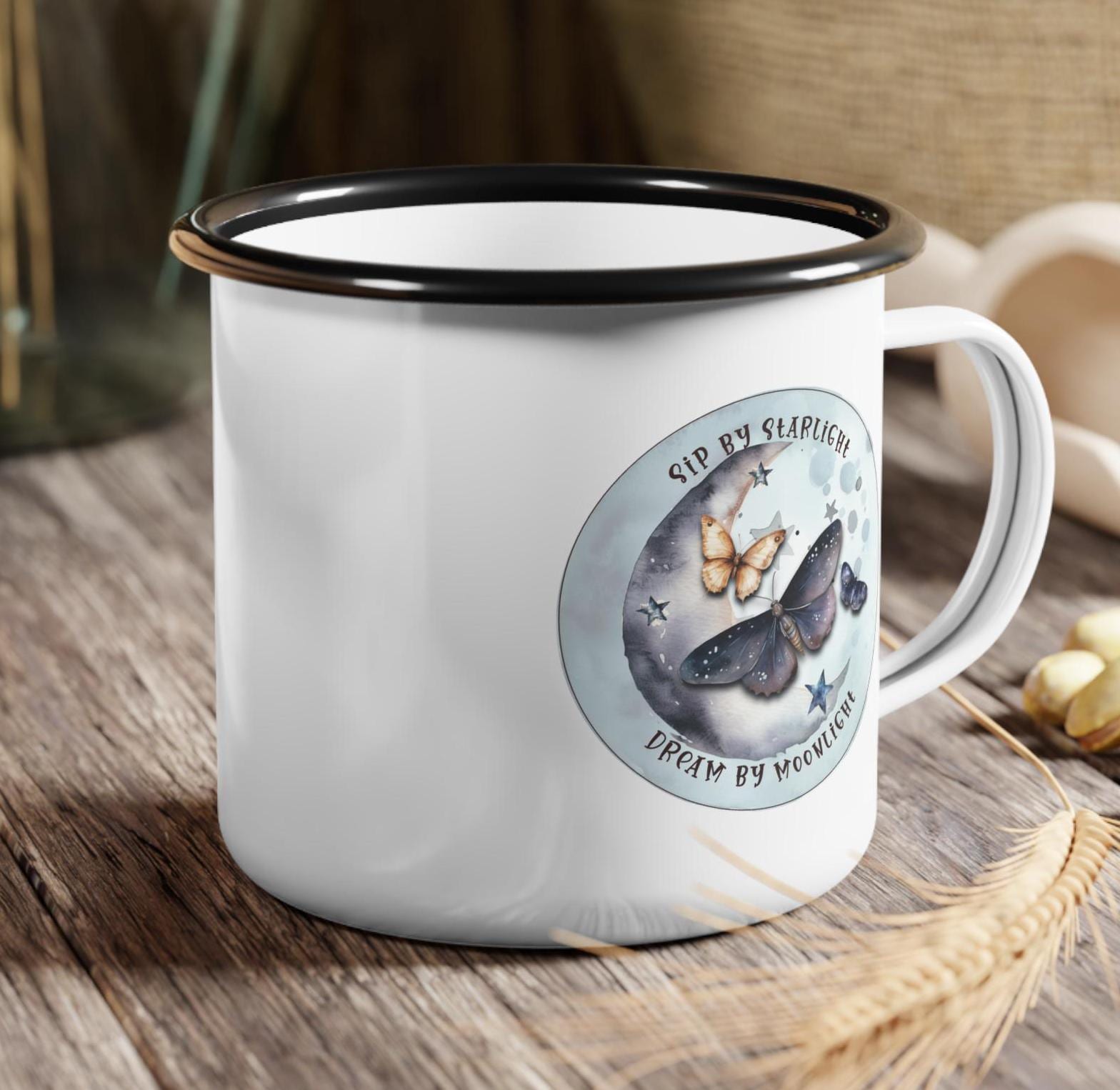 Moonlit Moth Enamel Camp Cup: 12oz Outdoor Mug