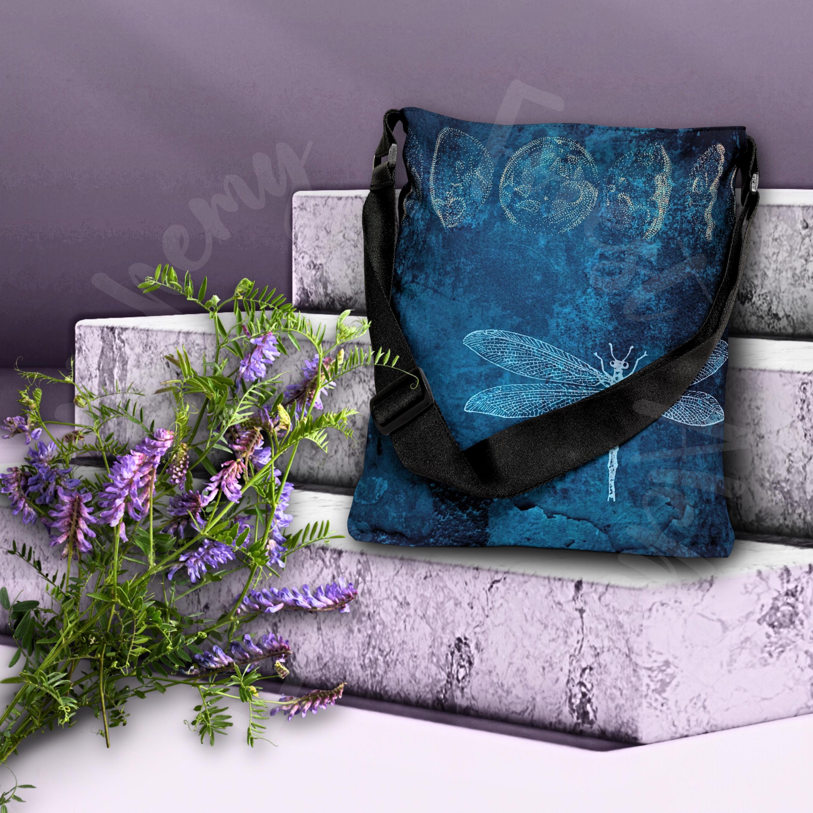 Mystic Dragonfly Shoulder Bag: Adjustable Tote for Stylish Nature Enthusiasts | Moon Phase Faerie Market Tote | Forest Aesthetic