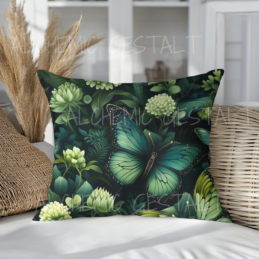 Botany of Wings Faux Suede Pillow: Green floral accent cushion, perfect for cozy living rooms. Ideal for nature lovers & forest-inspired decor!