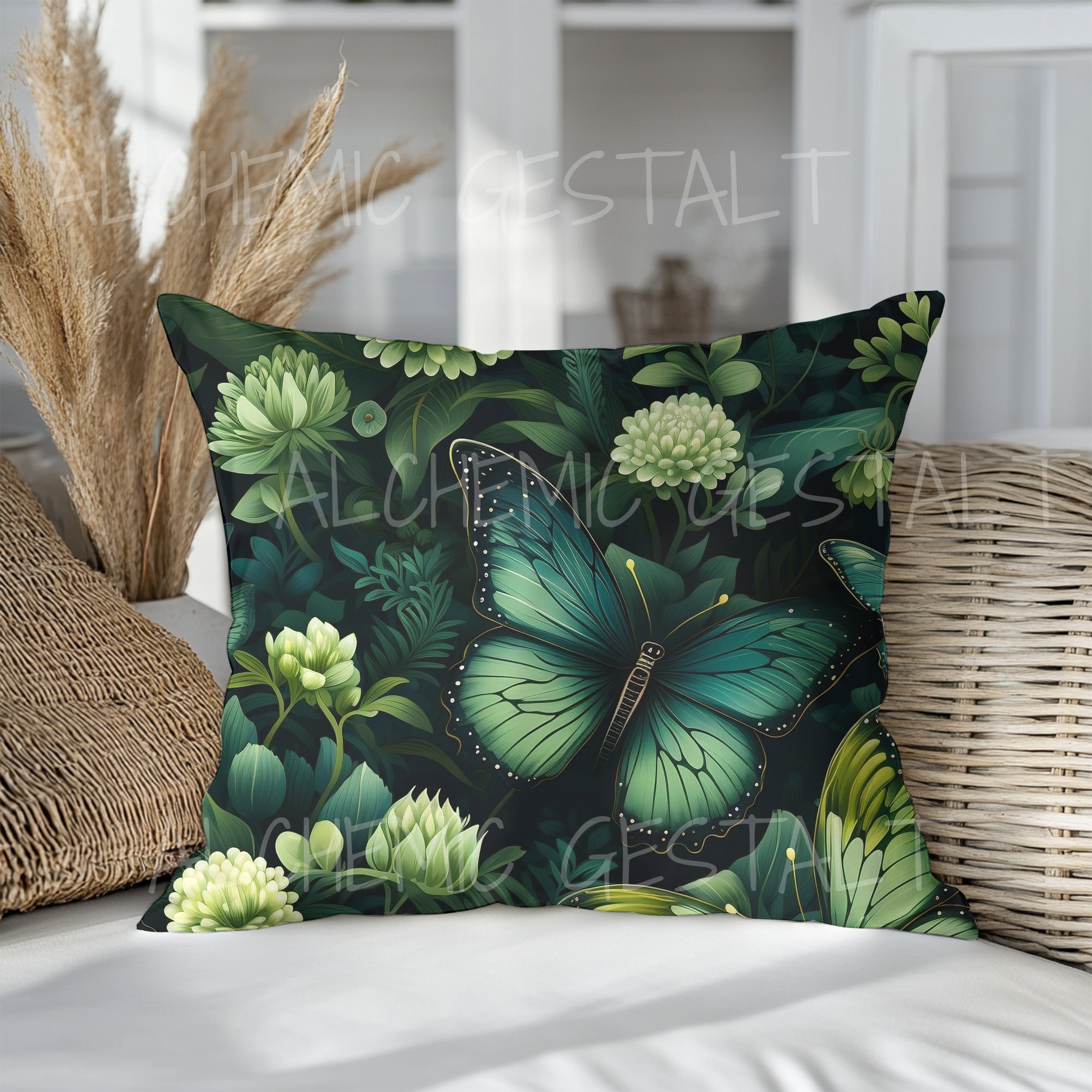 Botany of Wings Faux Suede Pillow: Green floral accent cushion, perfect for cozy living rooms. Ideal for nature lovers & forest-inspired decor!