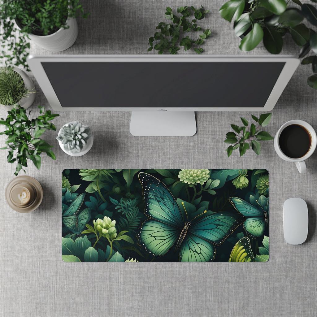 Botany of Wings Emerald Desk Mat: Vibrant neoprene mat in 3 sizes, Dark Butterfly Print