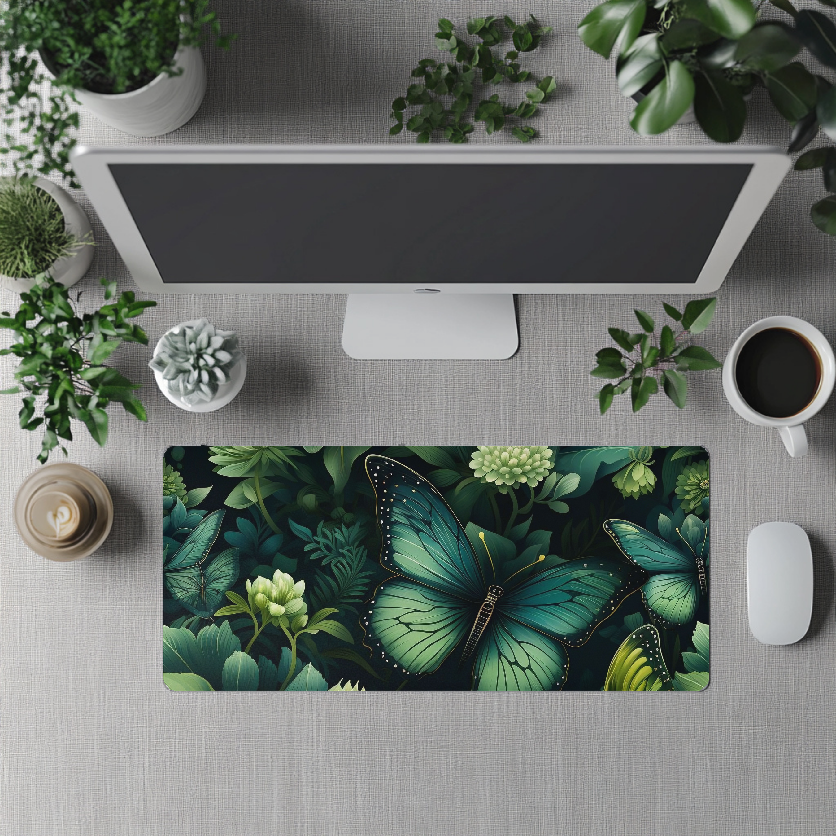 Botany of Wings Emerald Desk Mat: Vibrant neoprene mat in 3 sizes, Dark Butterfly Print