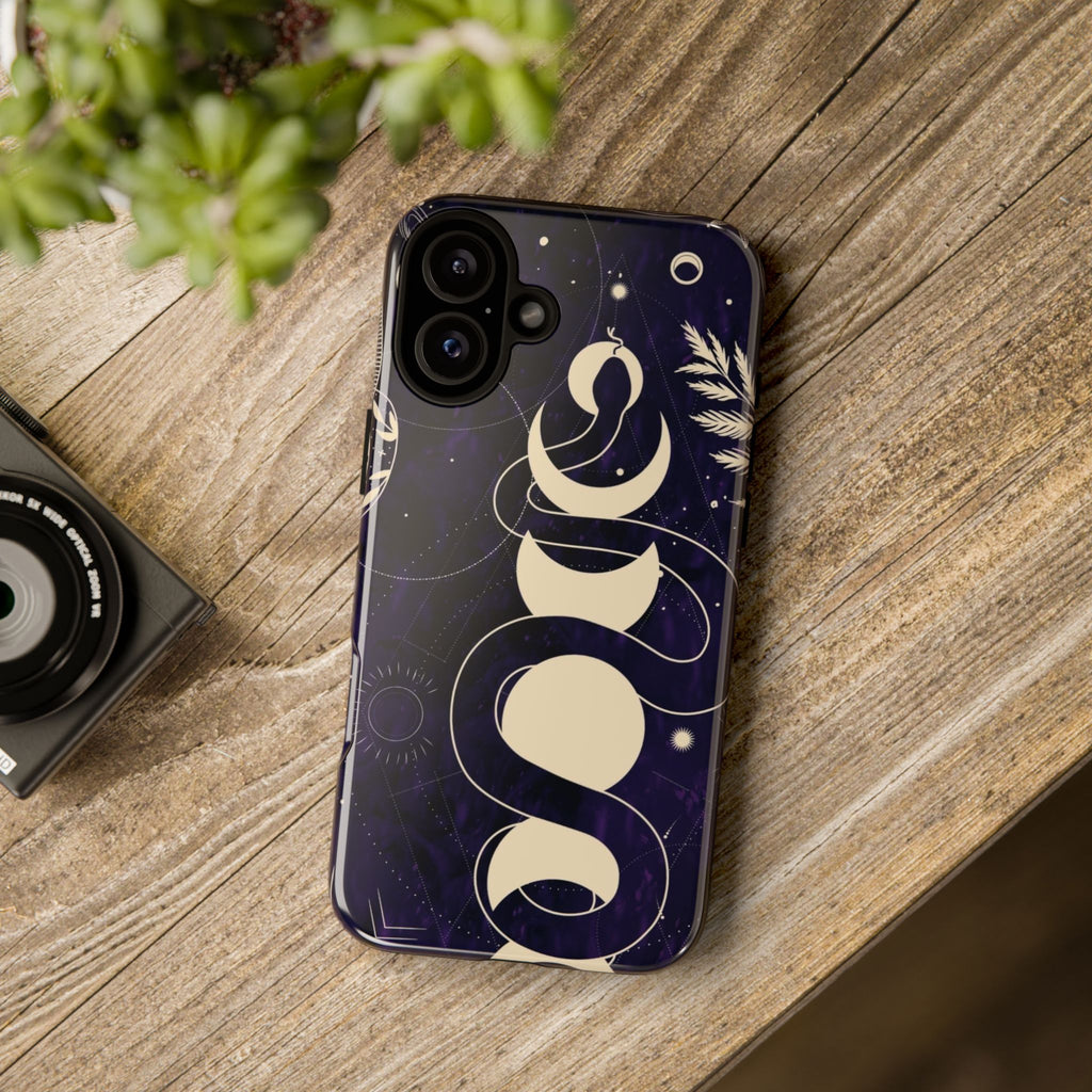 Dark Violet Phone Case with Lunar Phases, Snake & Cosmic Motifs | Durable and Stylish, Perfect for Astrology Lovers