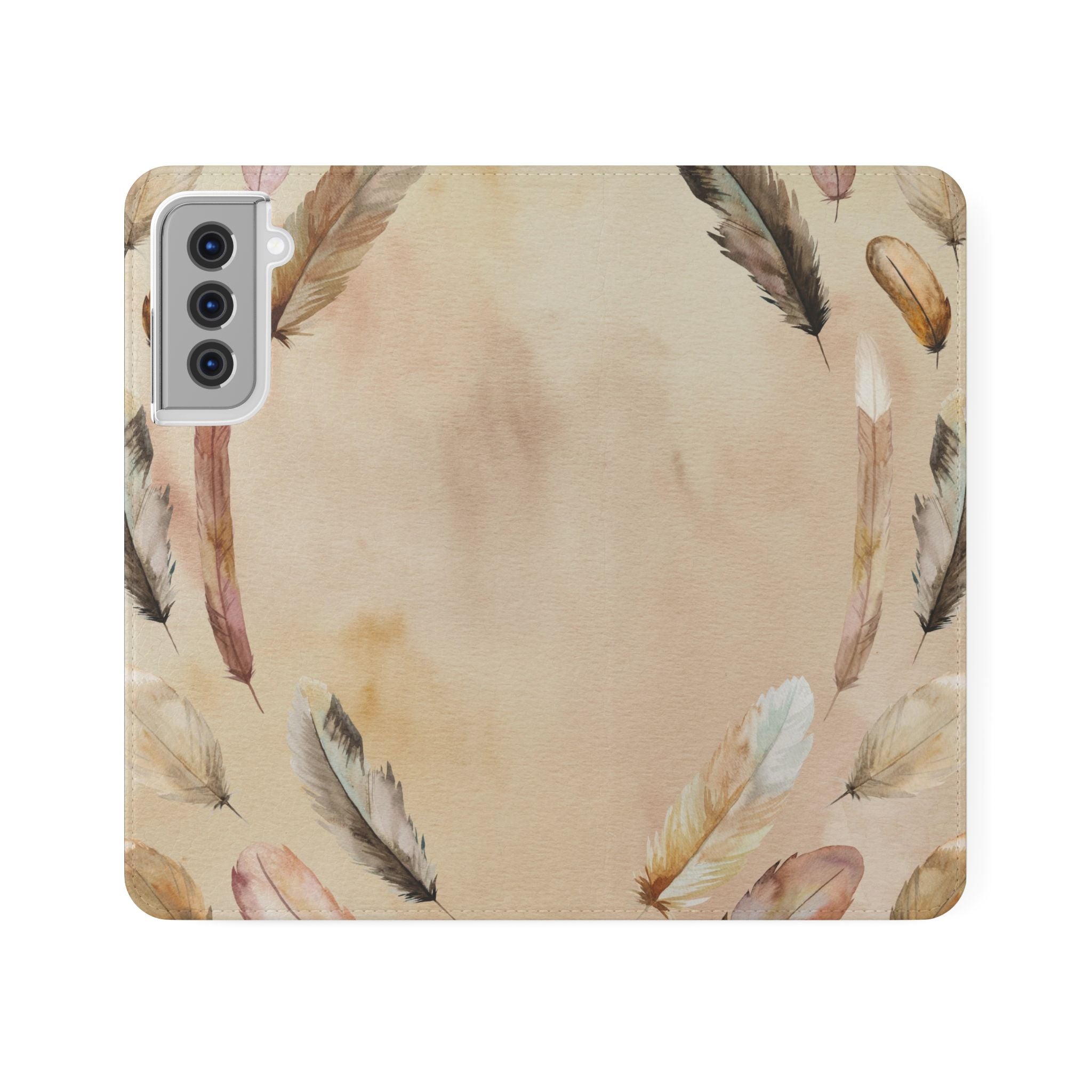 Feathers Flip Case, Phone Case, Protective Cover, Faux Leather Stand Feature Card & Cash Storage, Vibrant Colors, Stylish and Practical