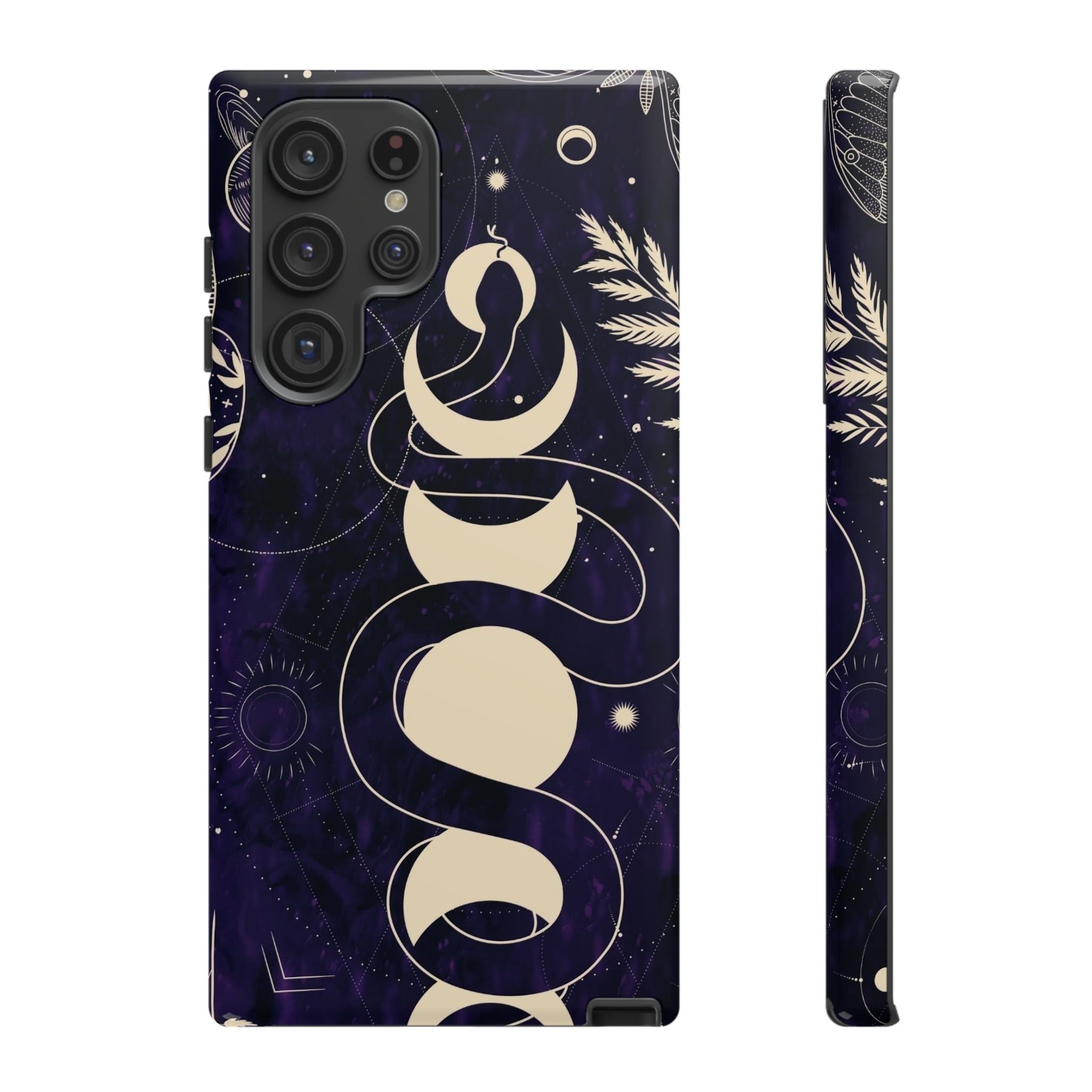 Dark Violet Phone Case with Lunar Phases, Snake & Cosmic Motifs | Durable and Stylish, Perfect for Astrology Lovers