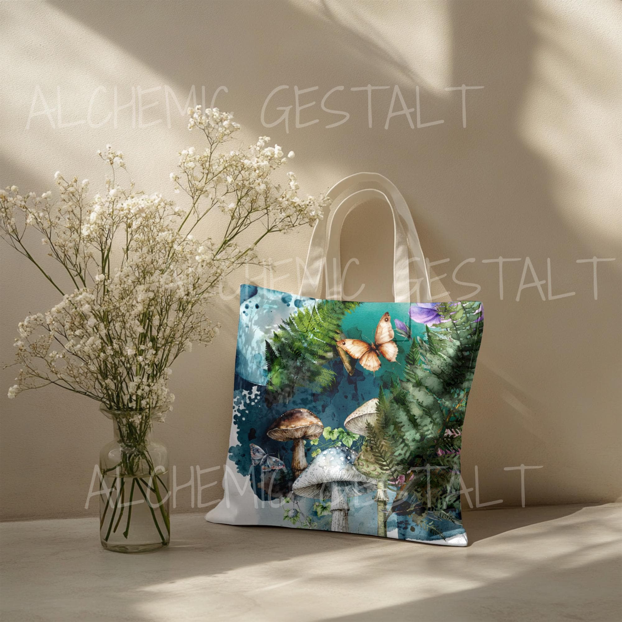 Watercolor Fern and Mushroom Tote Bag: Eco-Friendly Floral Shopping Bag