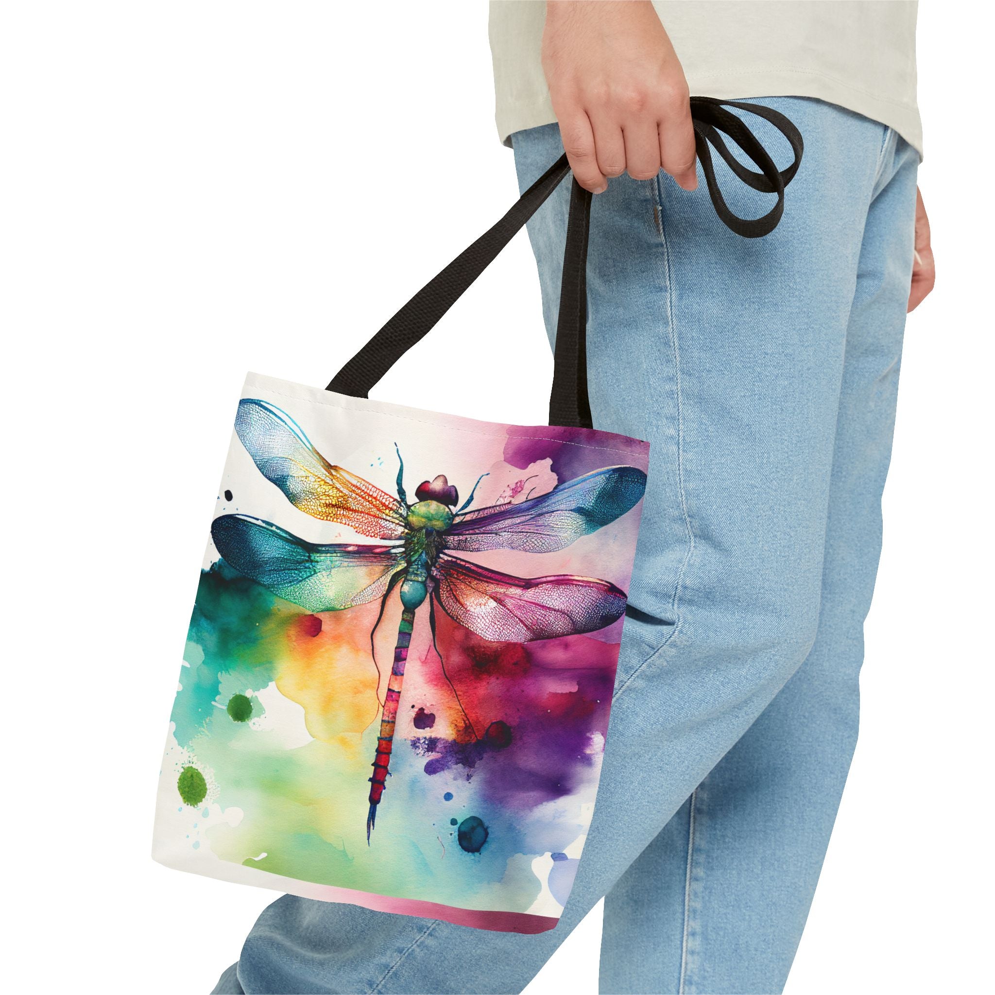 Dragonfly Watercolor Tote Bag, Colorful AOP Tote, Three Sizes, 5 Handle Colors, Nature Lover Gift, Eco-friendly Reusable Bag, Beach Bag,