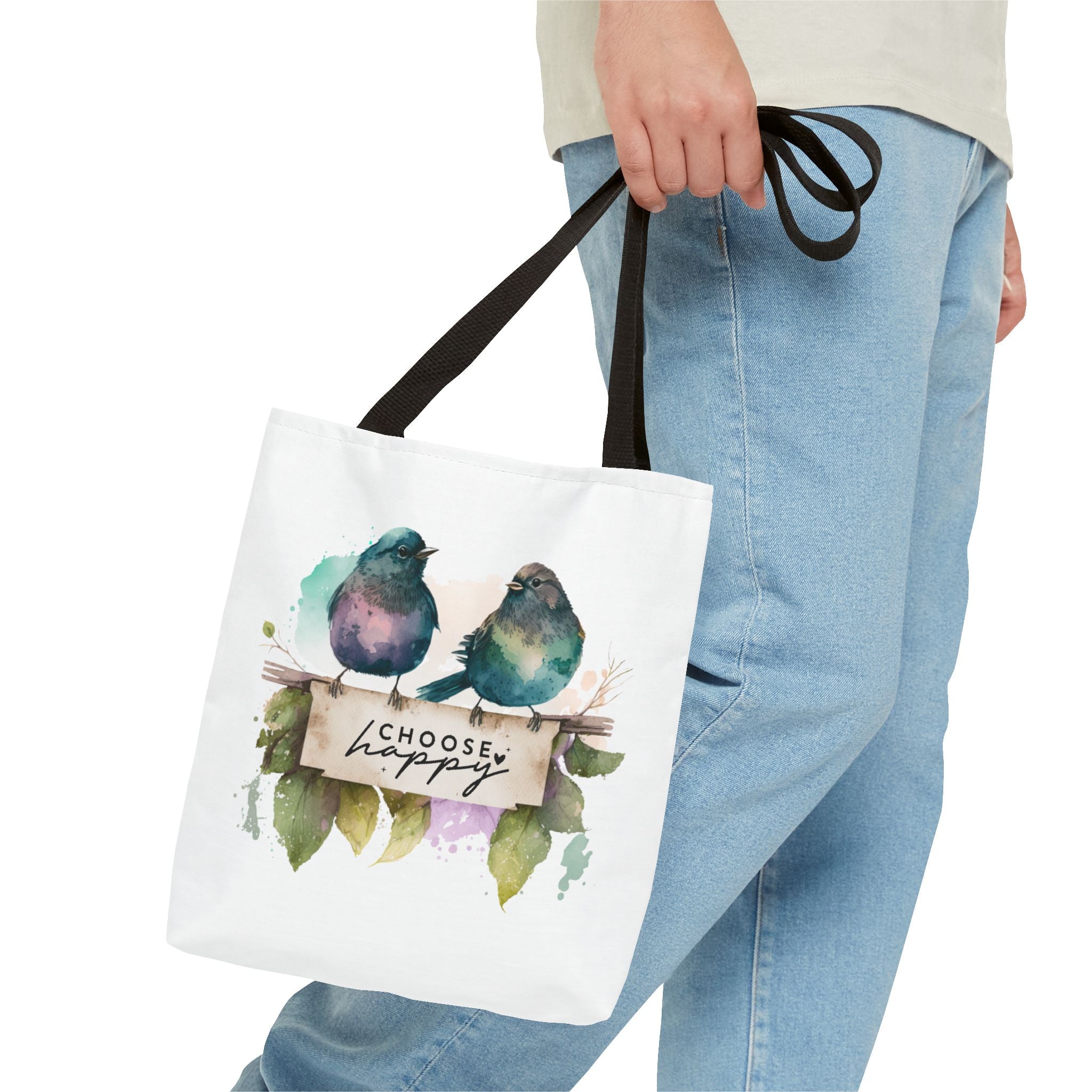 Cheerful Bird Design Tote Bag - Choose Happy Watercolor Print - 3 Sizes Available | Bird Lover Gift Idea |  Whimsical Birds Versatile Tote