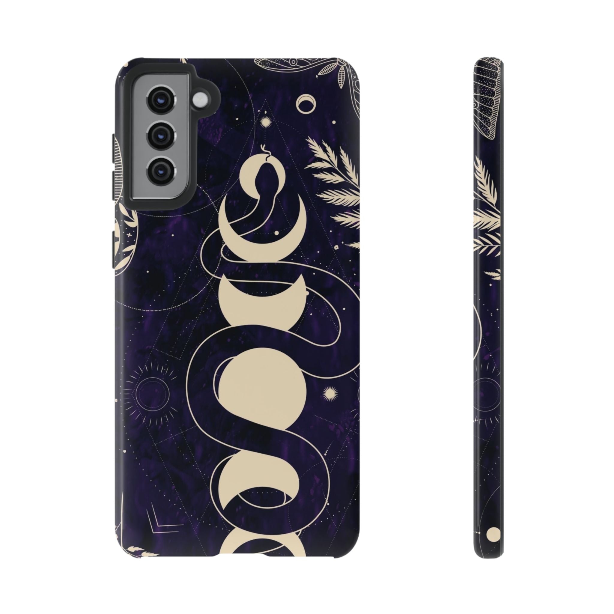 Dark Violet Phone Case with Lunar Phases, Snake & Cosmic Motifs | Durable and Stylish, Perfect for Astrology Lovers