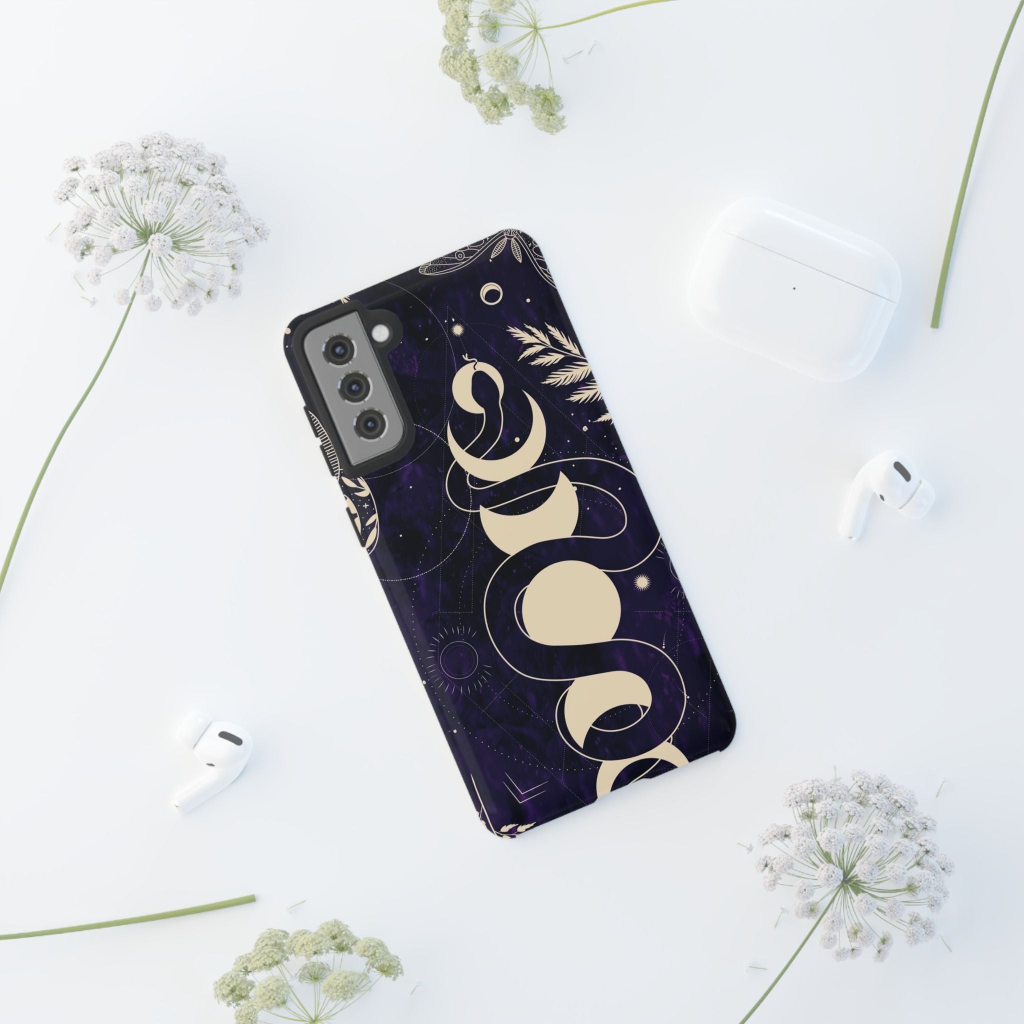 Dark Violet Phone Case with Lunar Phases, Snake & Cosmic Motifs | Durable and Stylish, Perfect for Astrology Lovers