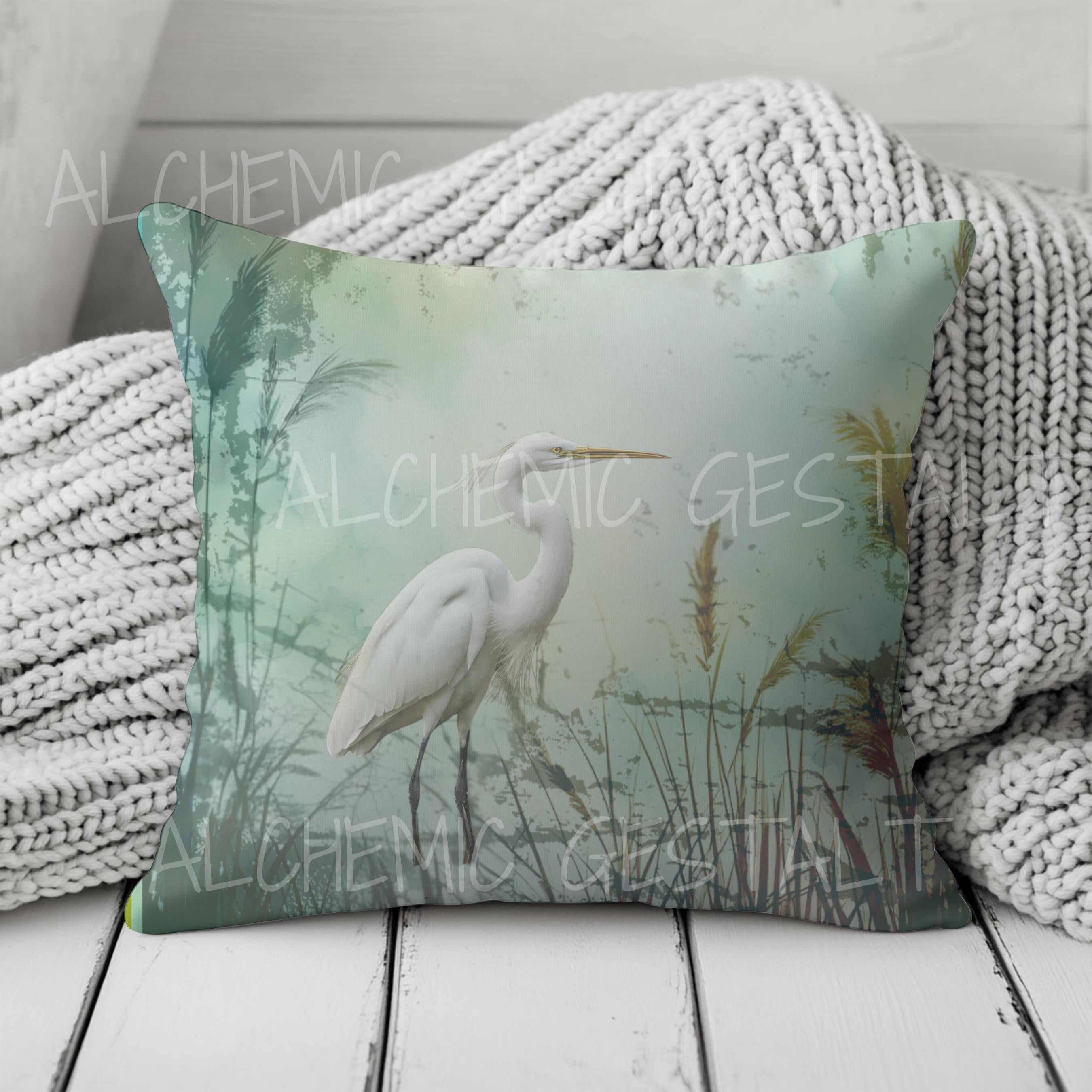 Elegant Egret Design Square Pillow in Faux Suede - 4 Size Options