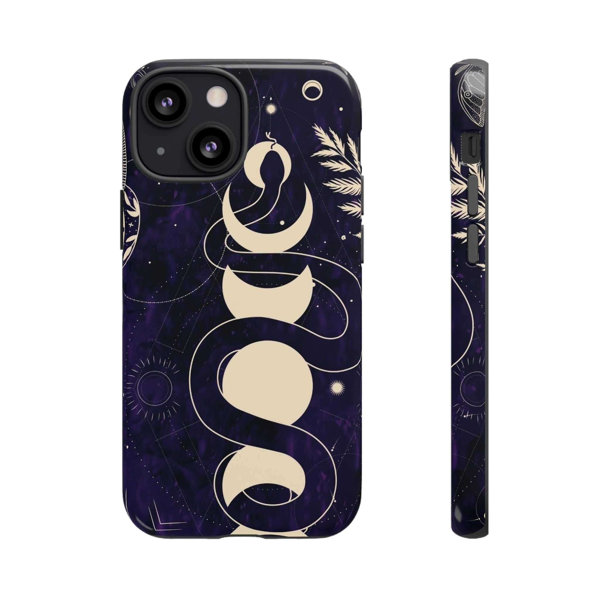Dark Violet Phone Case with Lunar Phases, Snake & Cosmic Motifs | Durable and Stylish, Perfect for Astrology Lovers