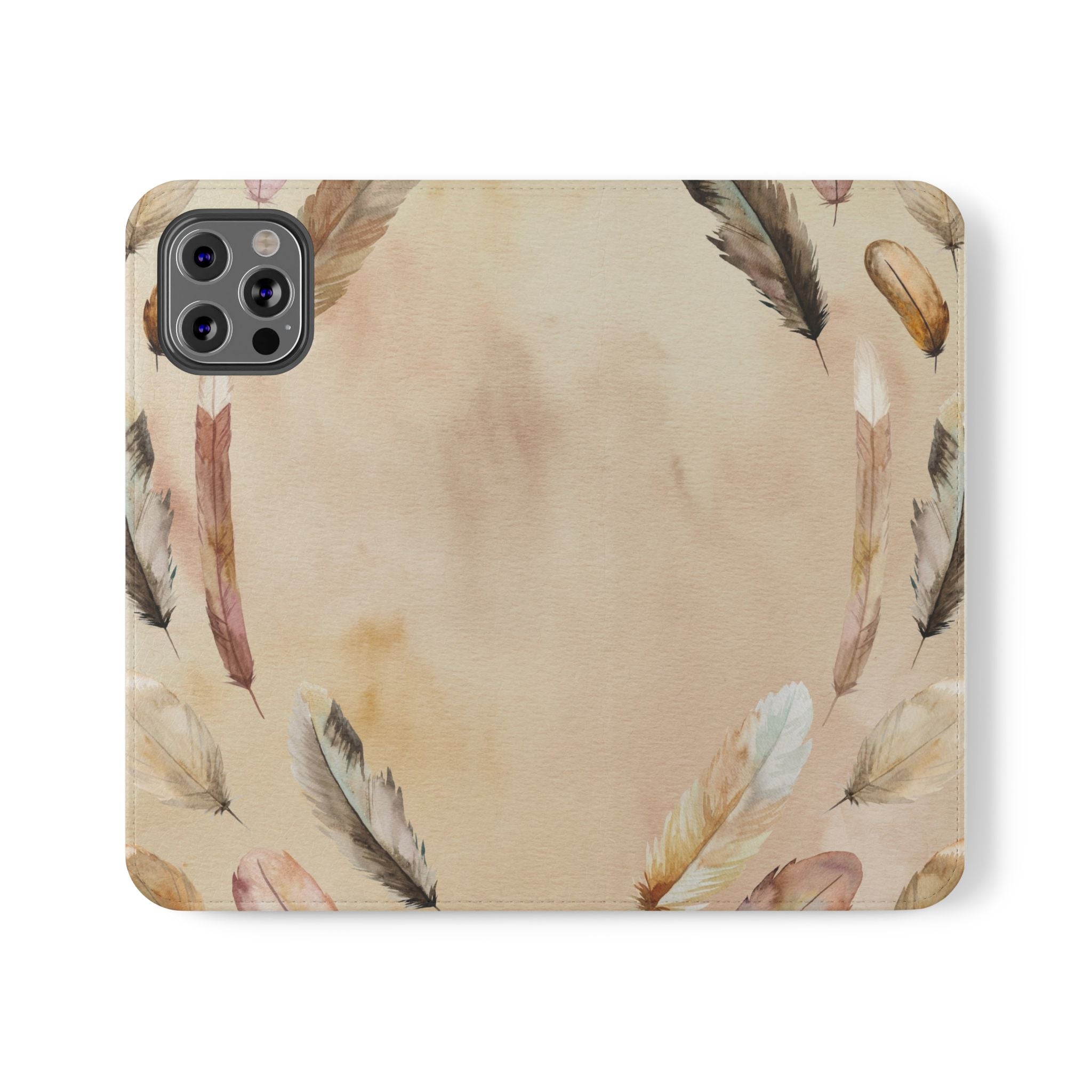 Feathers Flip Case, Phone Case, Protective Cover, Faux Leather Stand Feature Card & Cash Storage, Vibrant Colors, Stylish and Practical