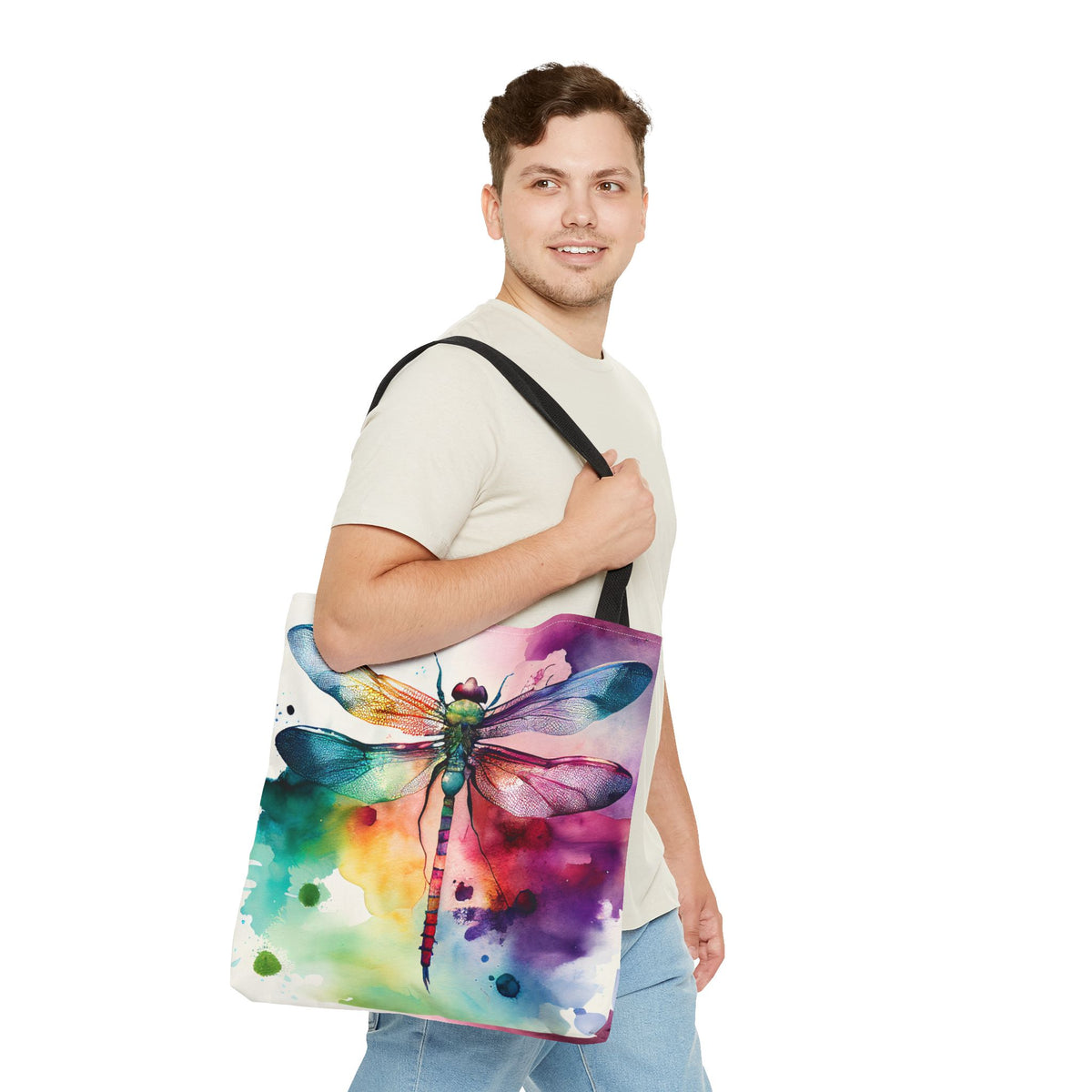 Shoulder Tote Dragonfly Watercolor Bag, Three Sizes, 5 Handle Colors, Eco-friendly Reusable Bag