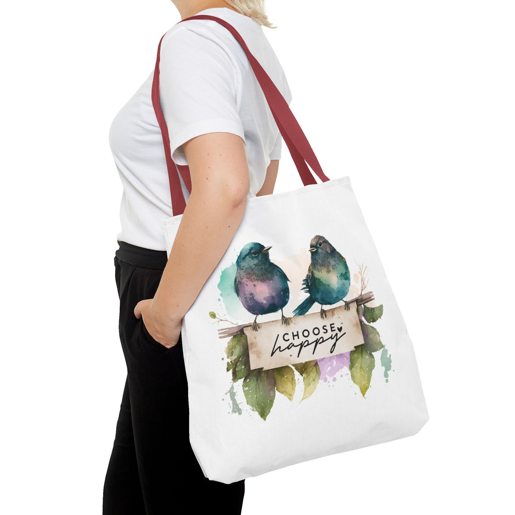 Cheerful Bird Design Tote Bag - Choose Happy Watercolor Print - 3 Sizes Available | Bird Lover Gift Idea |  Whimsical Birds Versatile Tote