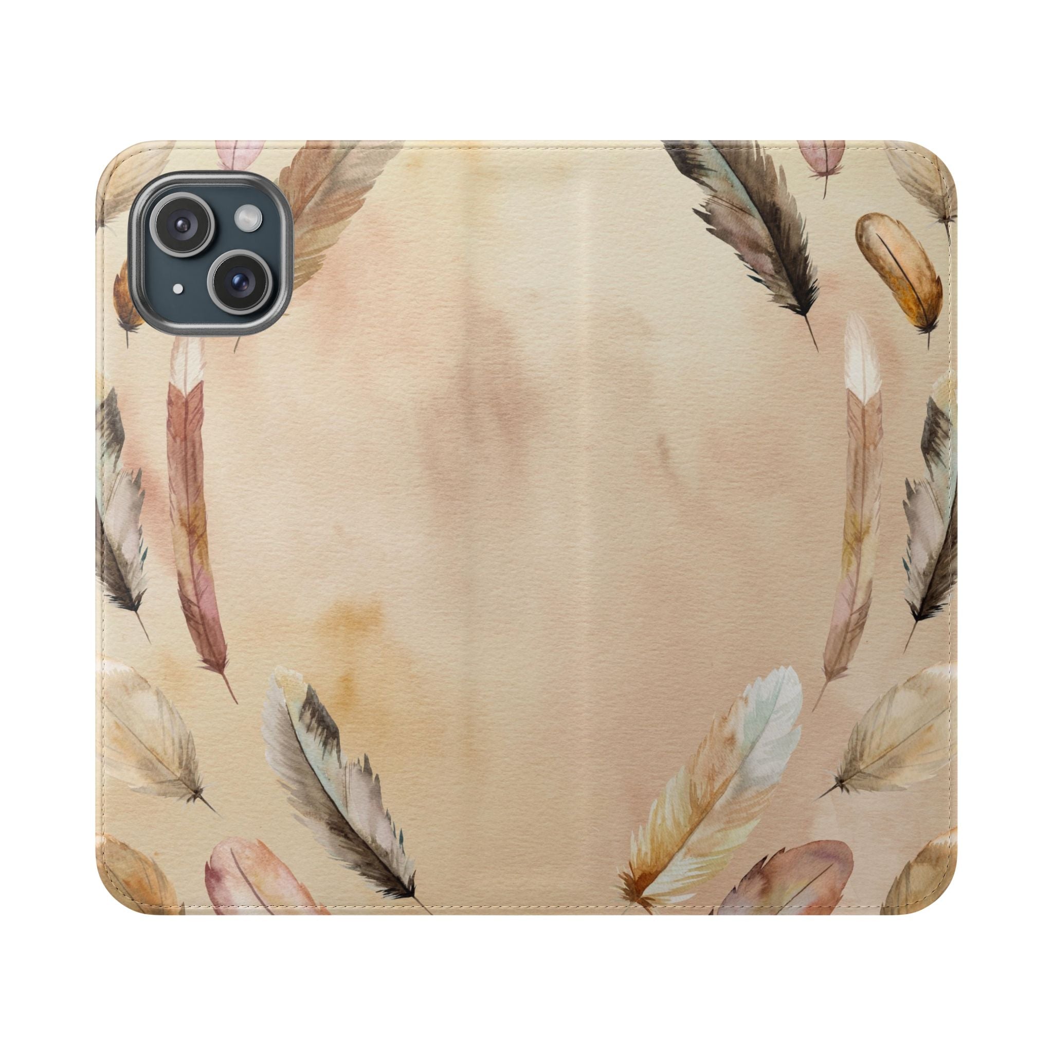 Feathers Flip Case, Phone Case, Protective Cover, Faux Leather Stand Feature Card & Cash Storage, Vibrant Colors, Stylish and Practical