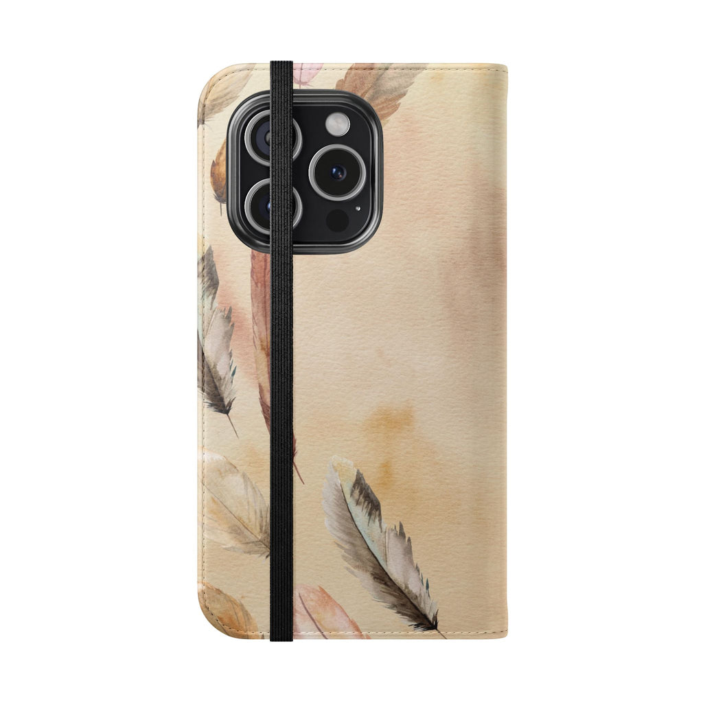 Feathers Flip Case, Phone Case, Protective Cover, Faux Leather Stand Feature Card & Cash Storage, Vibrant Colors, Stylish and Practical