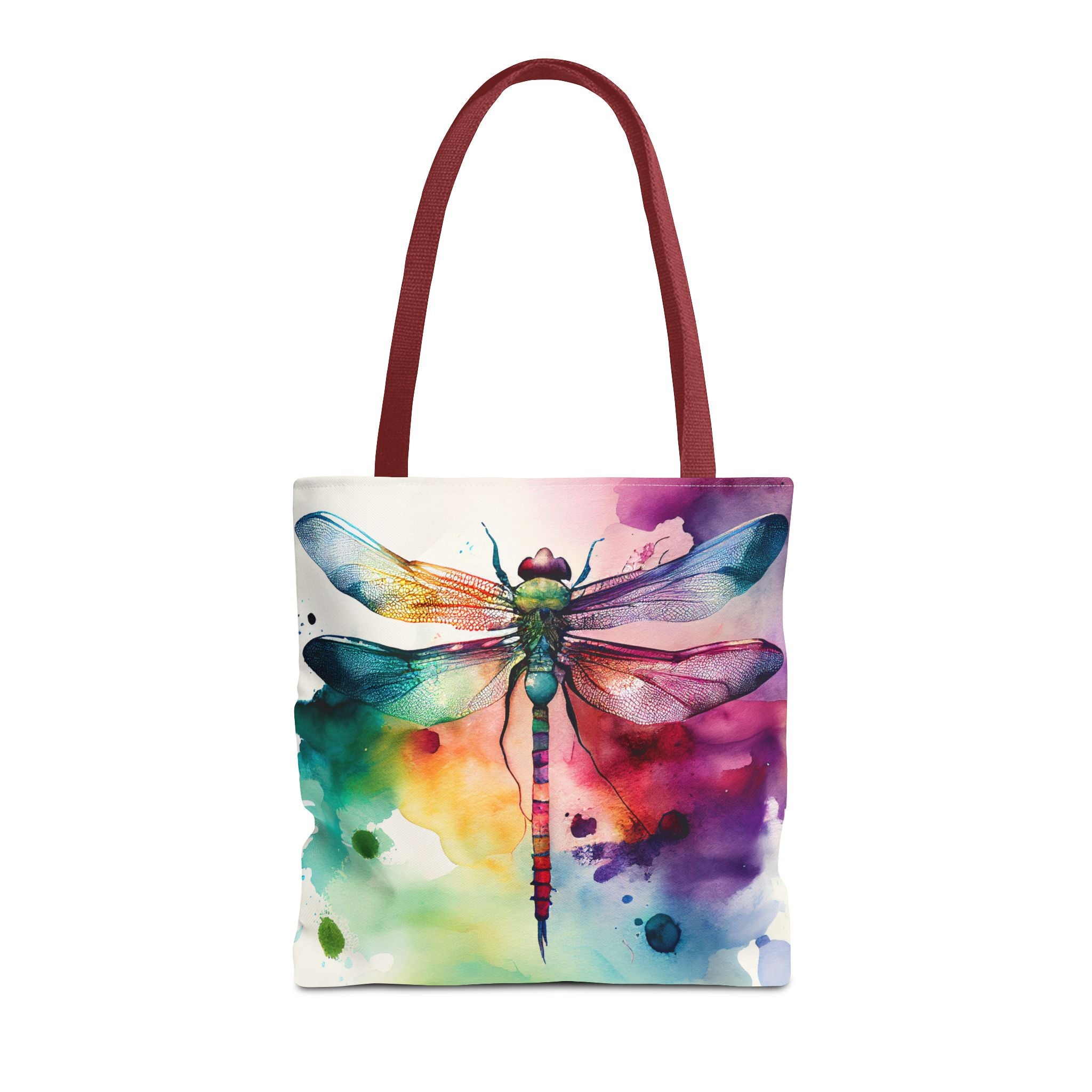 Dragonfly Watercolor Tote Bag, Colorful AOP Tote, Three Sizes, 5 Handle Colors, Nature Lover Gift, Eco-friendly Reusable Bag, Beach Bag,