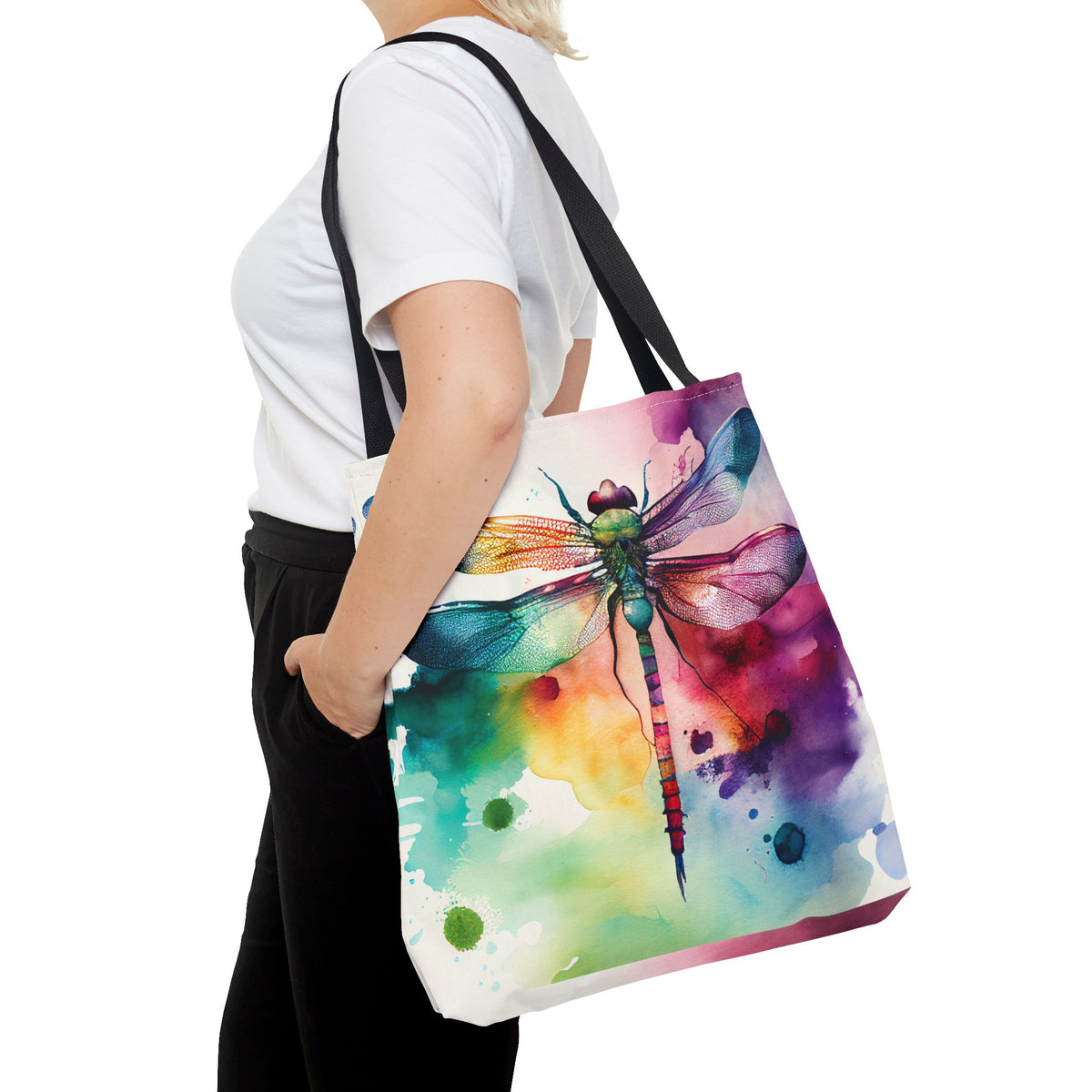 Shoulder Tote Dragonfly Watercolor Bag, Three Sizes, 5 Handle Colors, Eco-friendly Reusable Bag