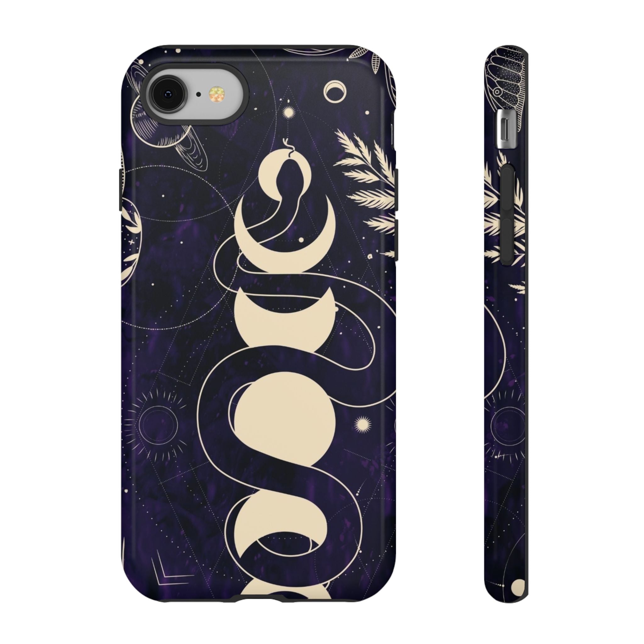 Dark Violet Phone Case with Lunar Phases, Snake & Cosmic Motifs | Durable and Stylish, Perfect for Astrology Lovers