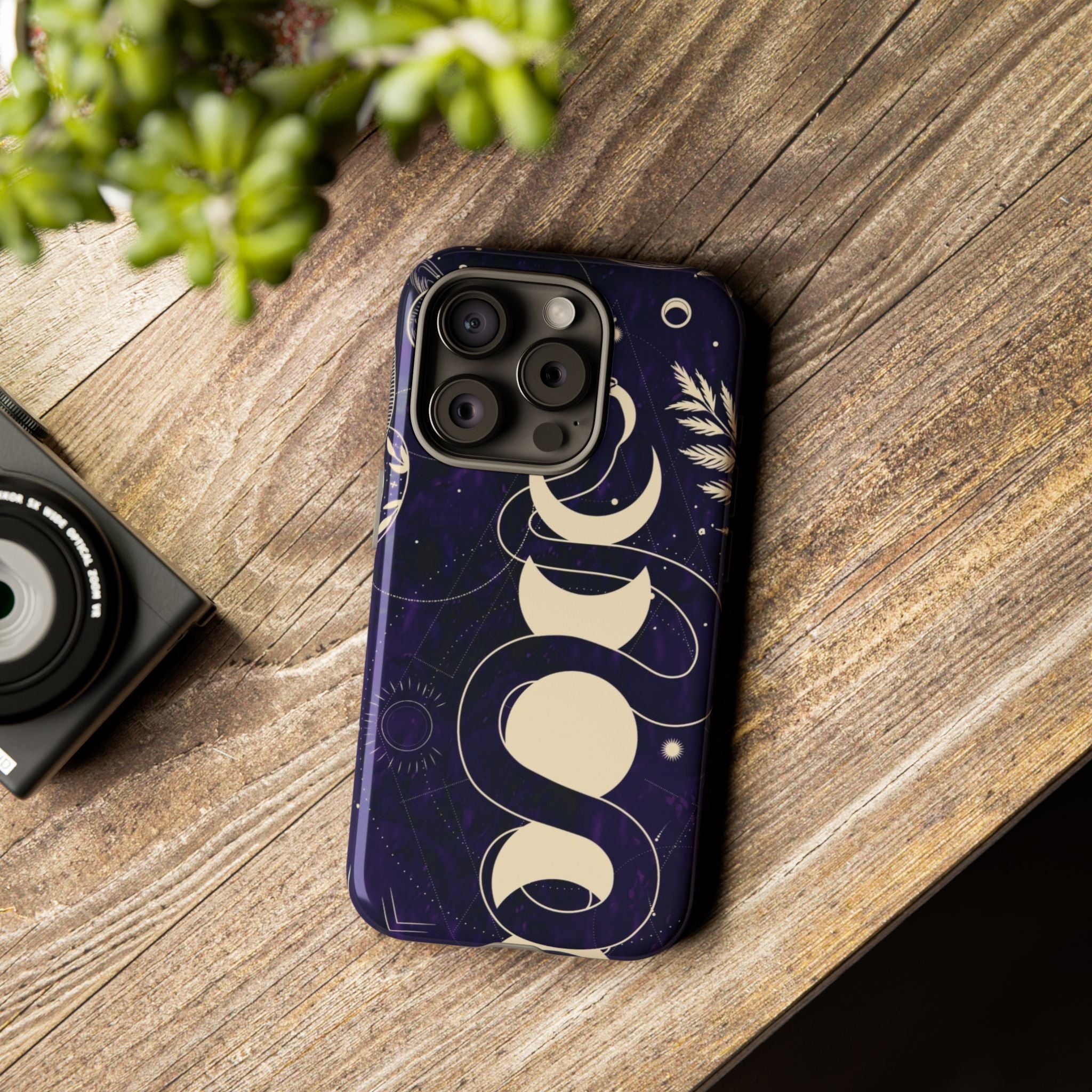 Dark Violet Phone Case with Lunar Phases, Snake & Cosmic Motifs | Durable and Stylish, Perfect for Astrology Lovers