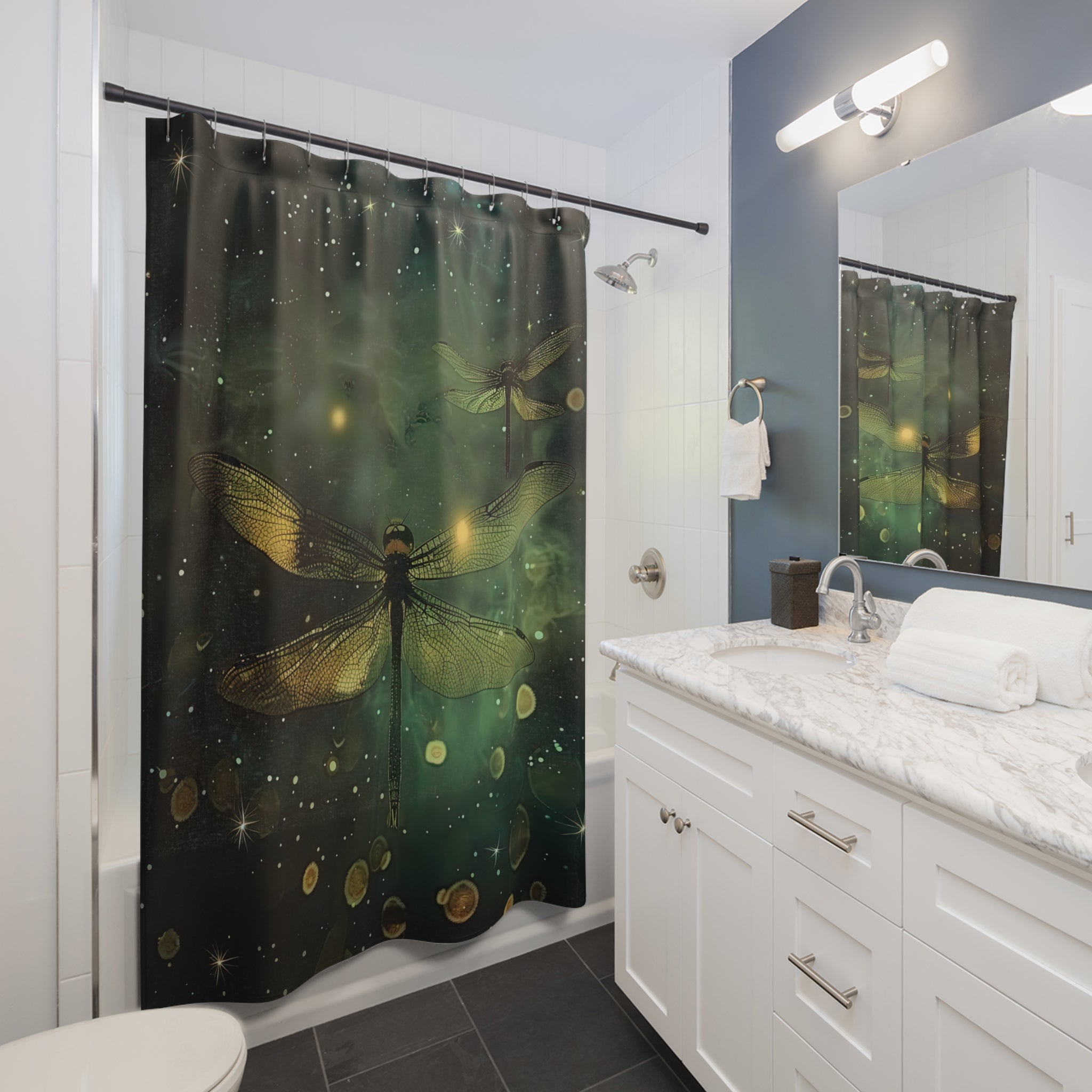 Cosmic Dragonfly Shower Curtain, Boho Bathroom Decor, Celestial Home Decor, Unique Gift for Nature Lovers, Space-Inspired Bathroom