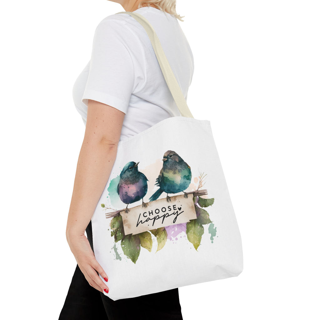 Cheerful Bird Design Tote Bag - Choose Happy Watercolor Print - 3 Sizes Available | Bird Lover Gift Idea |  Whimsical Birds Versatile Tote