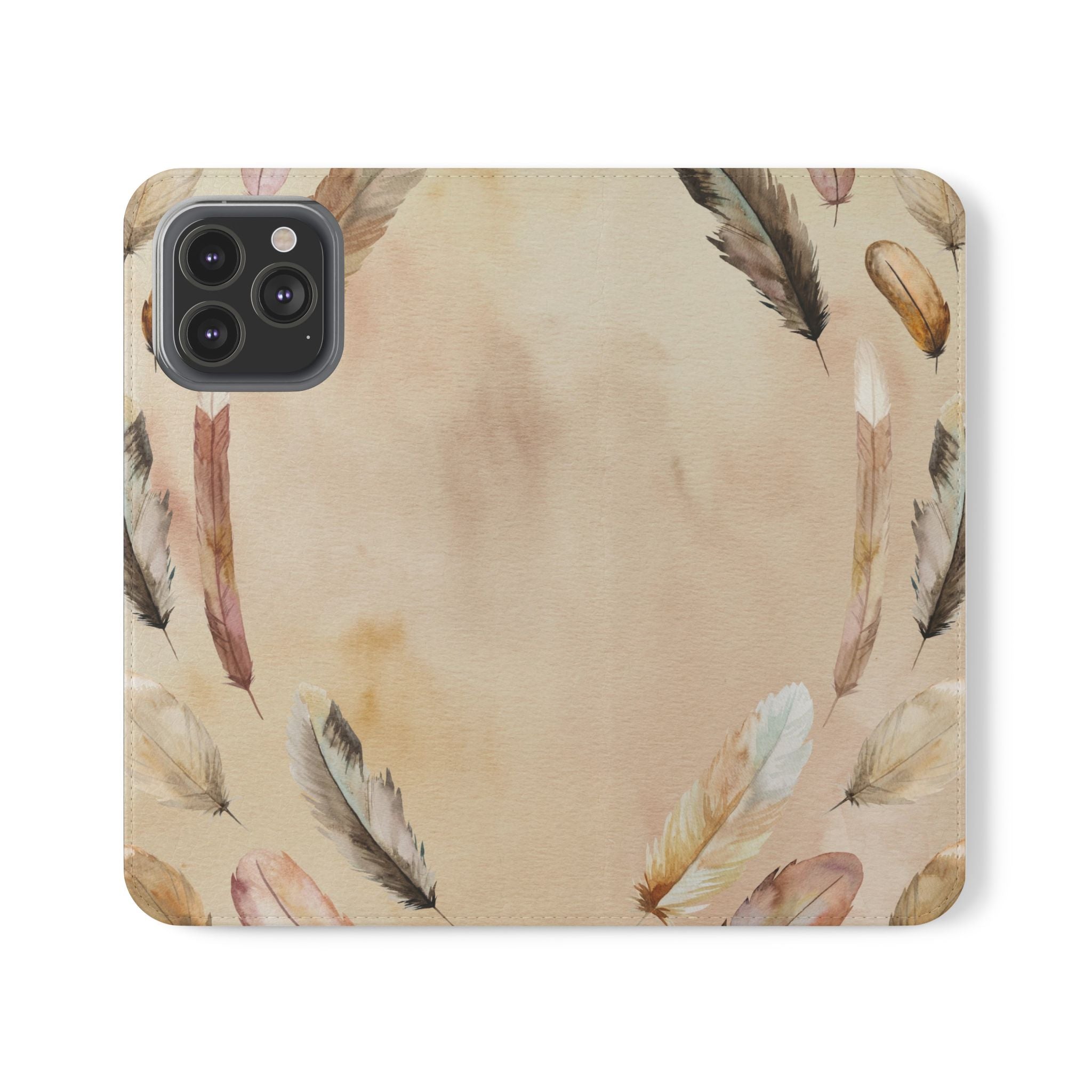 Feathers Flip Case, Phone Case, Protective Cover, Faux Leather Stand Feature Card & Cash Storage, Vibrant Colors, Stylish and Practical