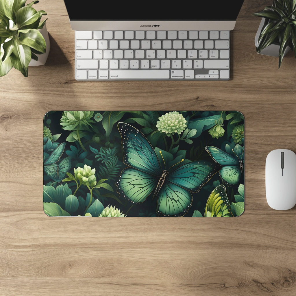 Botany of Wings Emerald Desk Mat: Vibrant neoprene mat in 3 sizes, Dark Butterfly Print