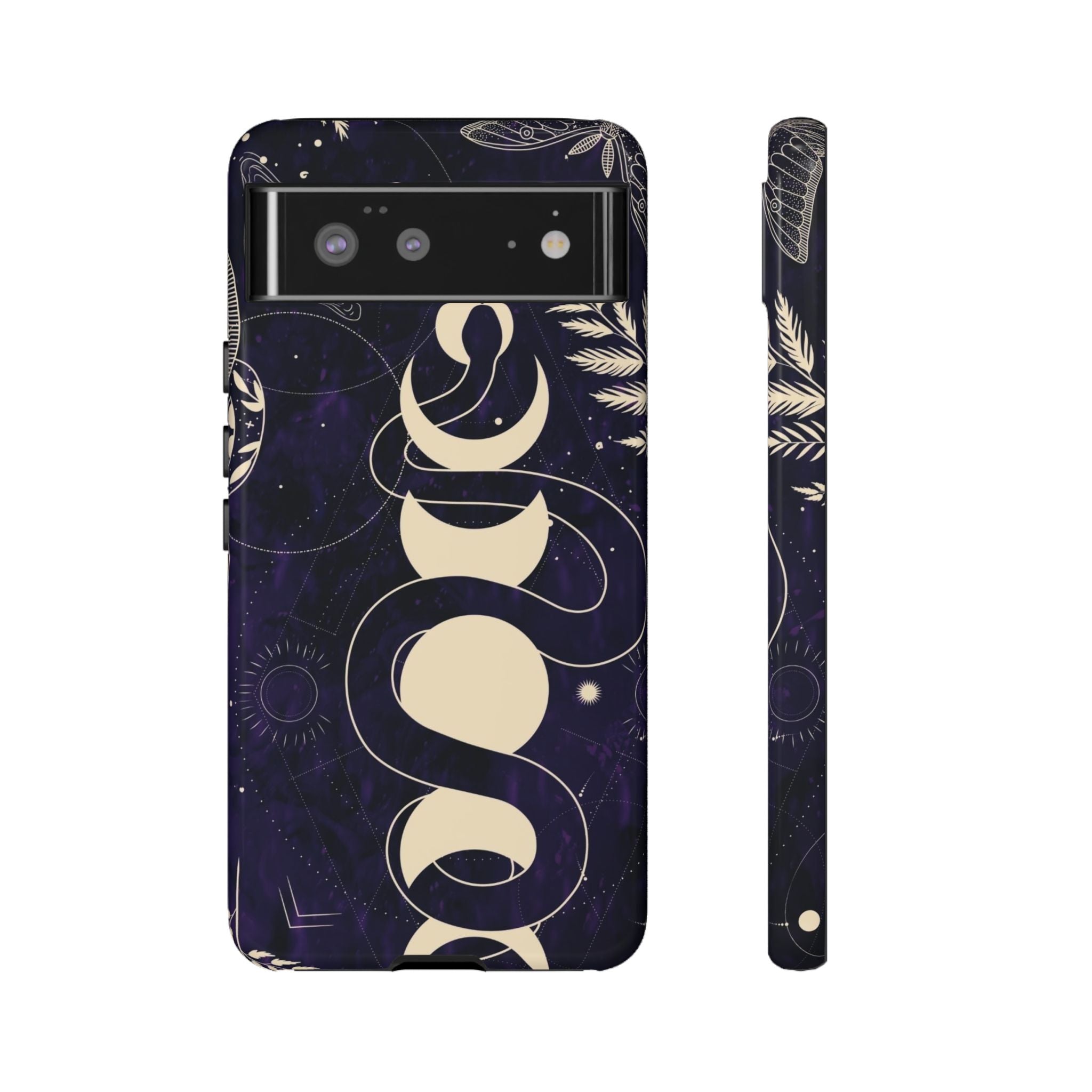 Dark Violet Phone Case with Lunar Phases, Snake & Cosmic Motifs | Durable and Stylish, Perfect for Astrology Lovers