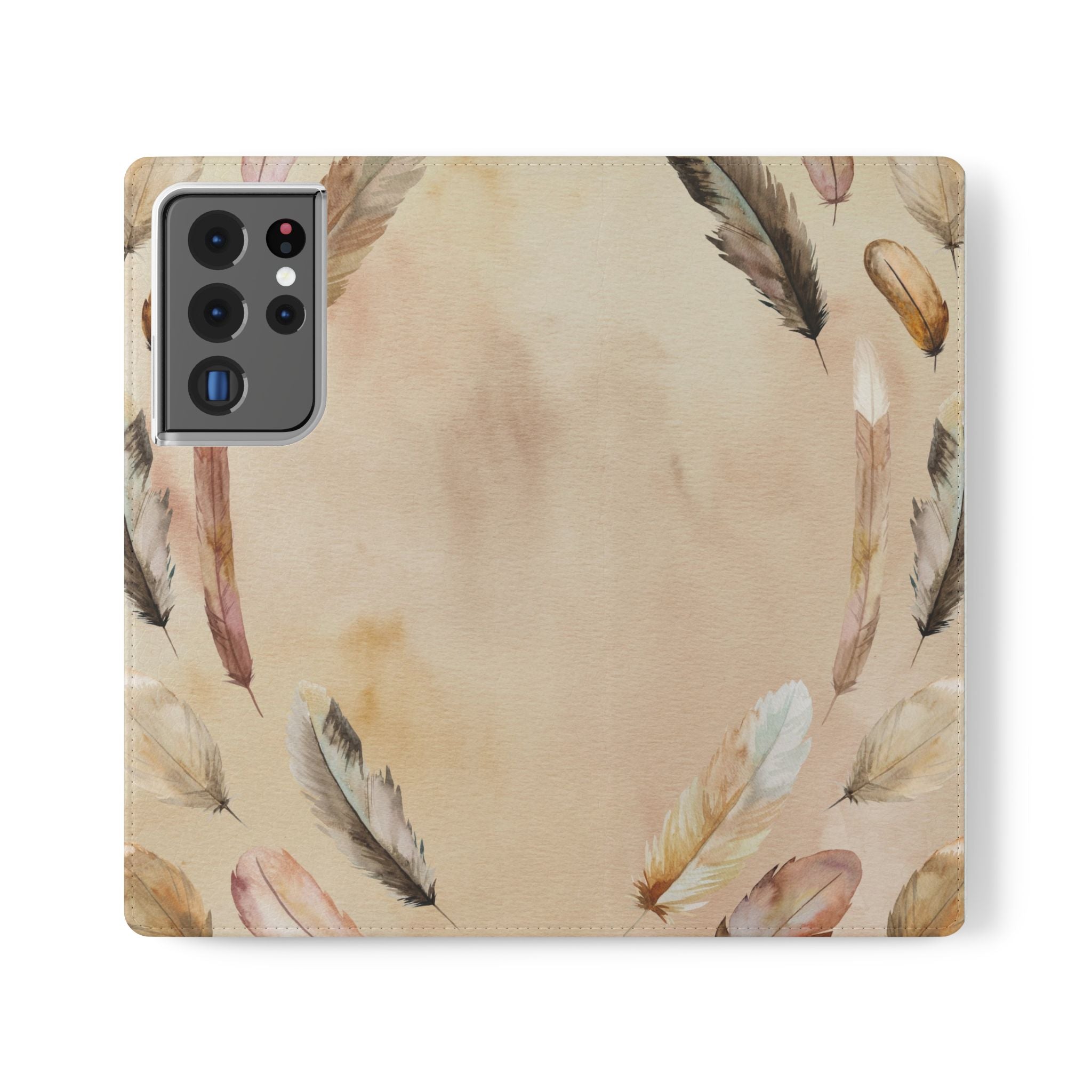 Feathers Flip Case, Phone Case, Protective Cover, Faux Leather Stand Feature Card & Cash Storage, Vibrant Colors, Stylish and Practical