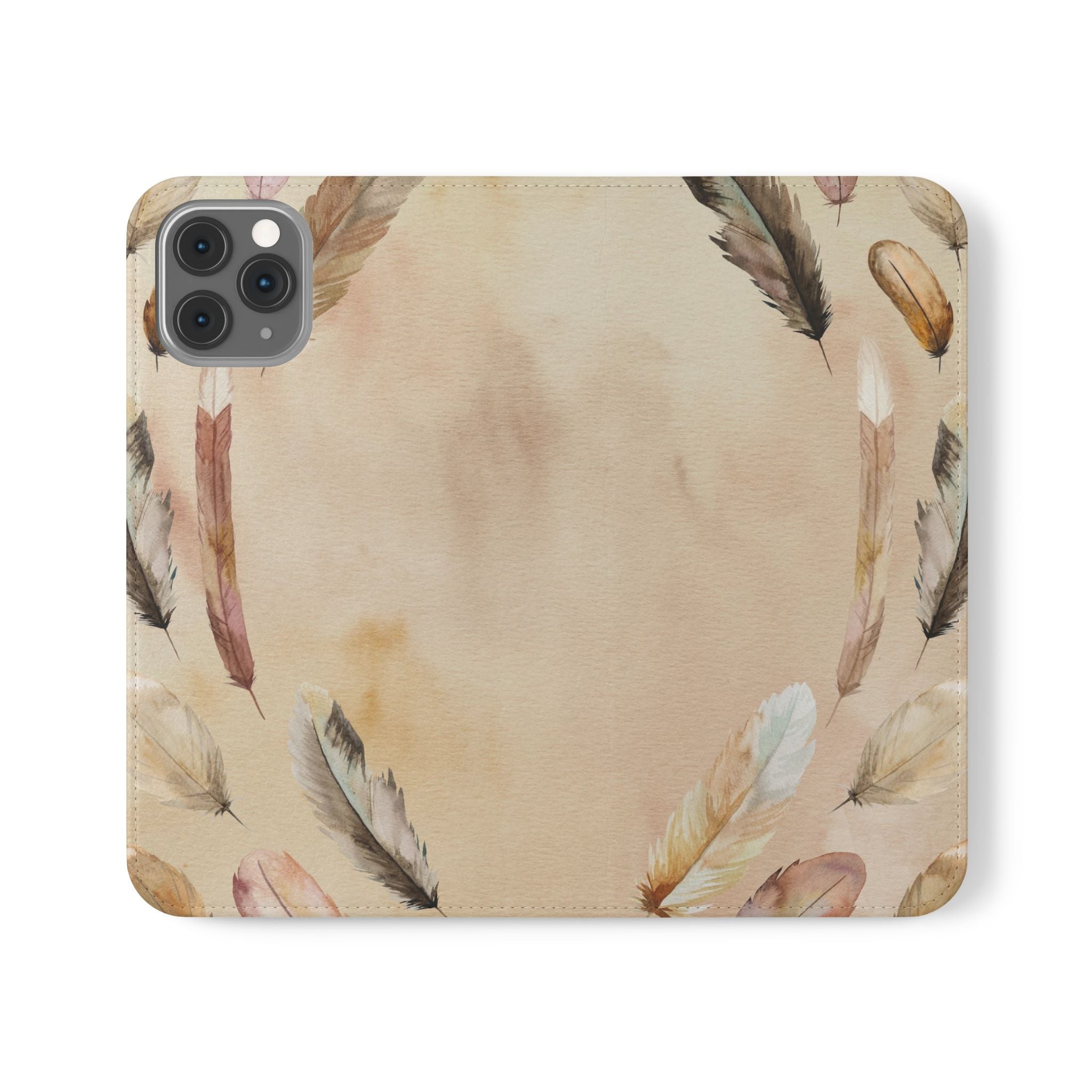 Feathers Flip Case, Phone Case, Protective Cover, Faux Leather Stand Feature Card & Cash Storage, Vibrant Colors, Stylish and Practical