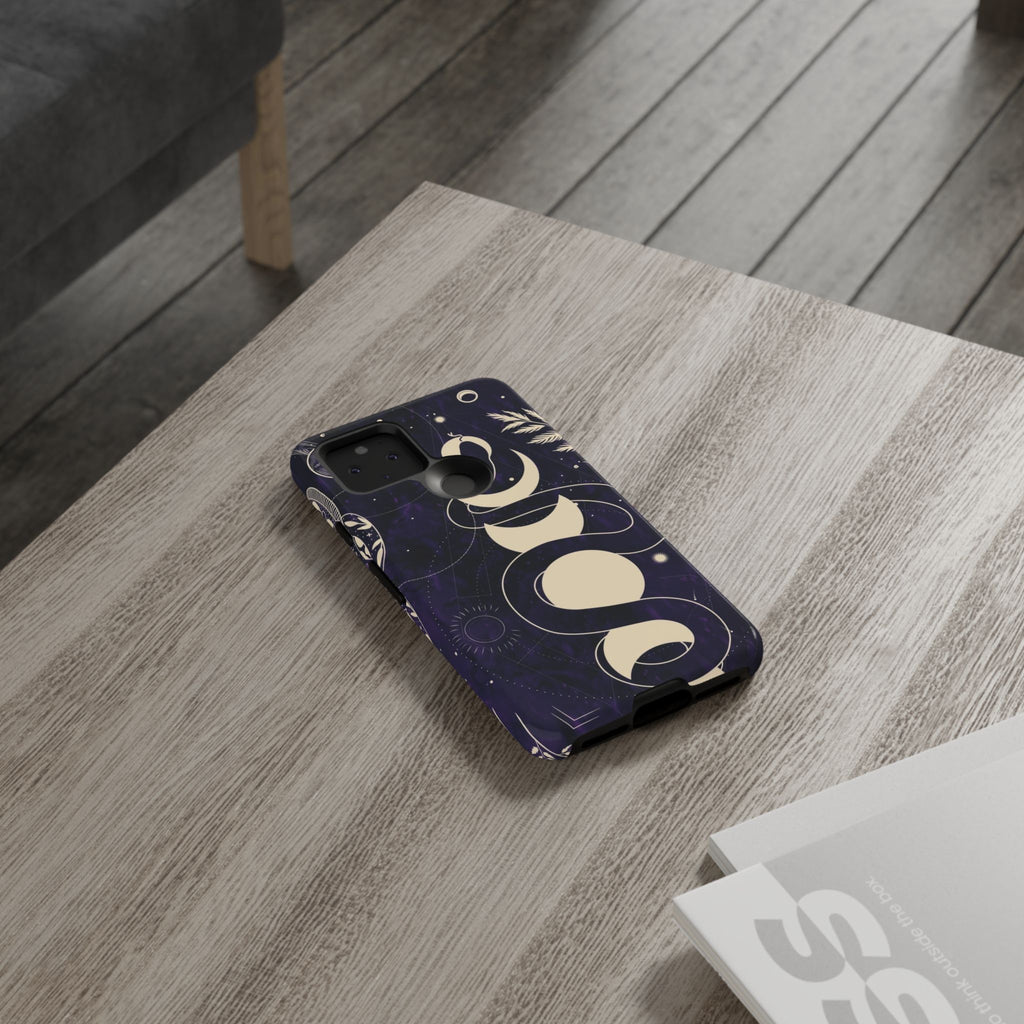 Dark Violet Phone Case with Lunar Phases, Snake & Cosmic Motifs | Durable and Stylish, Perfect for Astrology Lovers