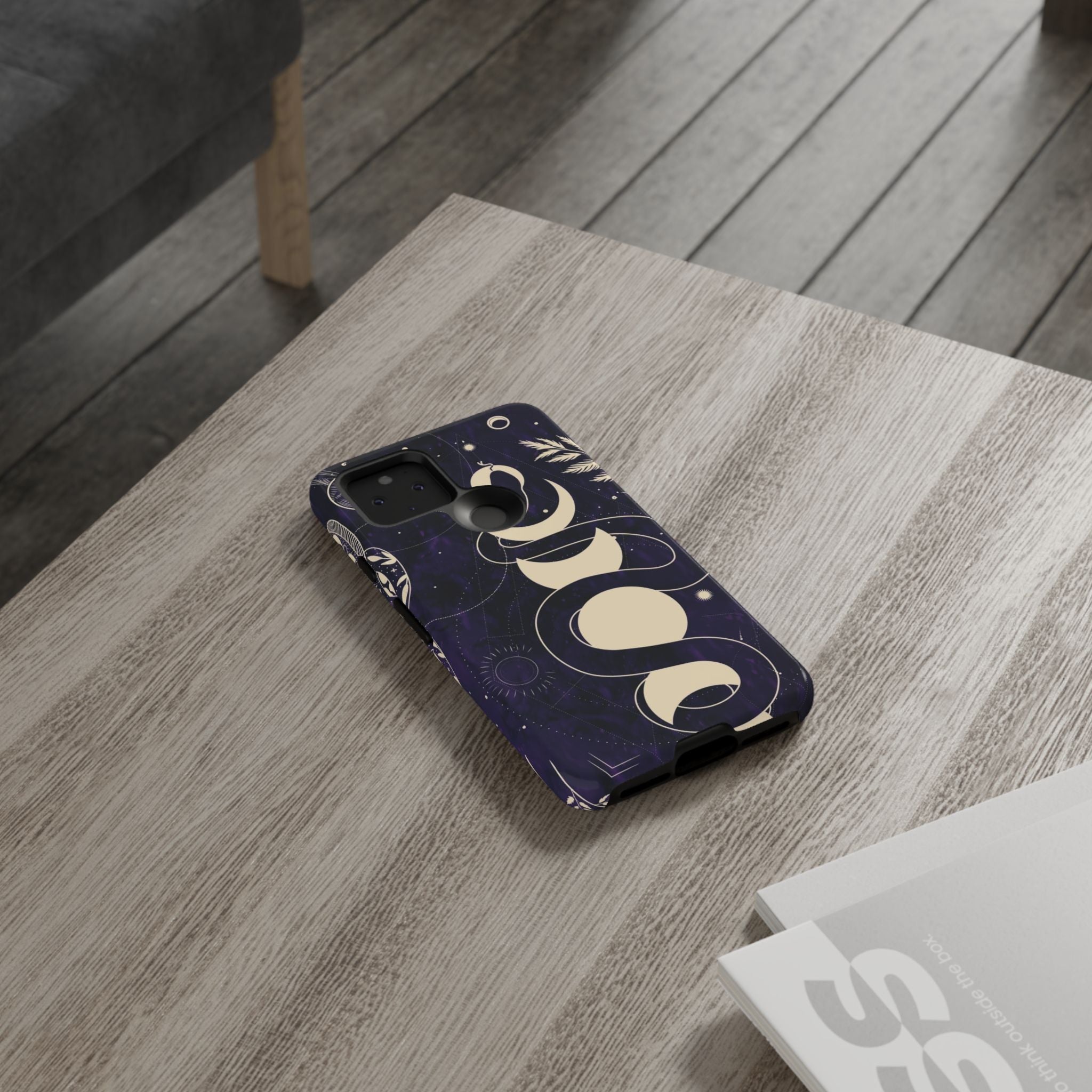 Dark Violet Phone Case with Lunar Phases, Snake & Cosmic Motifs | Durable and Stylish, Perfect for Astrology Lovers