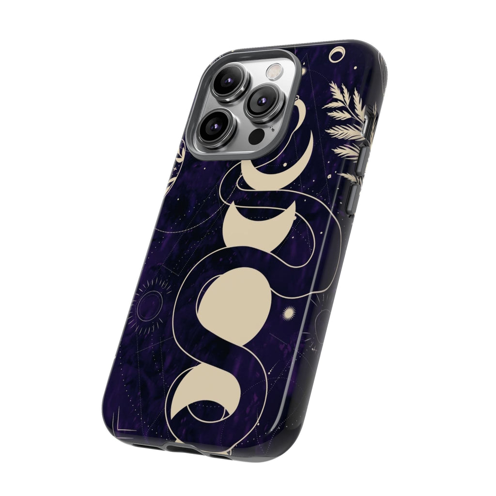 Dark Violet Phone Case with Lunar Phases, Snake & Cosmic Motifs | Durable and Stylish, Perfect for Astrology Lovers