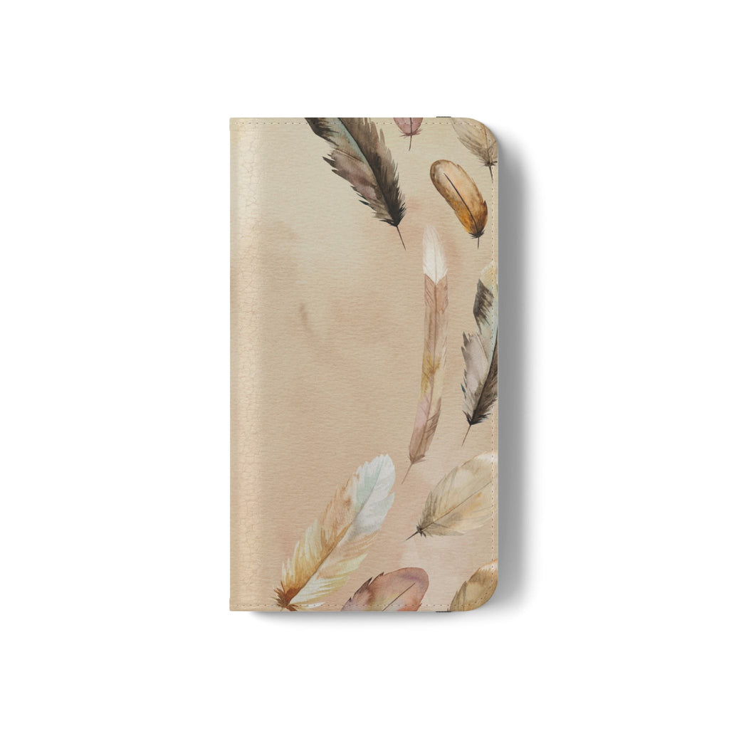 Feathers Flip Case, Phone Case, Protective Cover, Faux Leather Stand Feature Card & Cash Storage, Vibrant Colors, Stylish and Practical