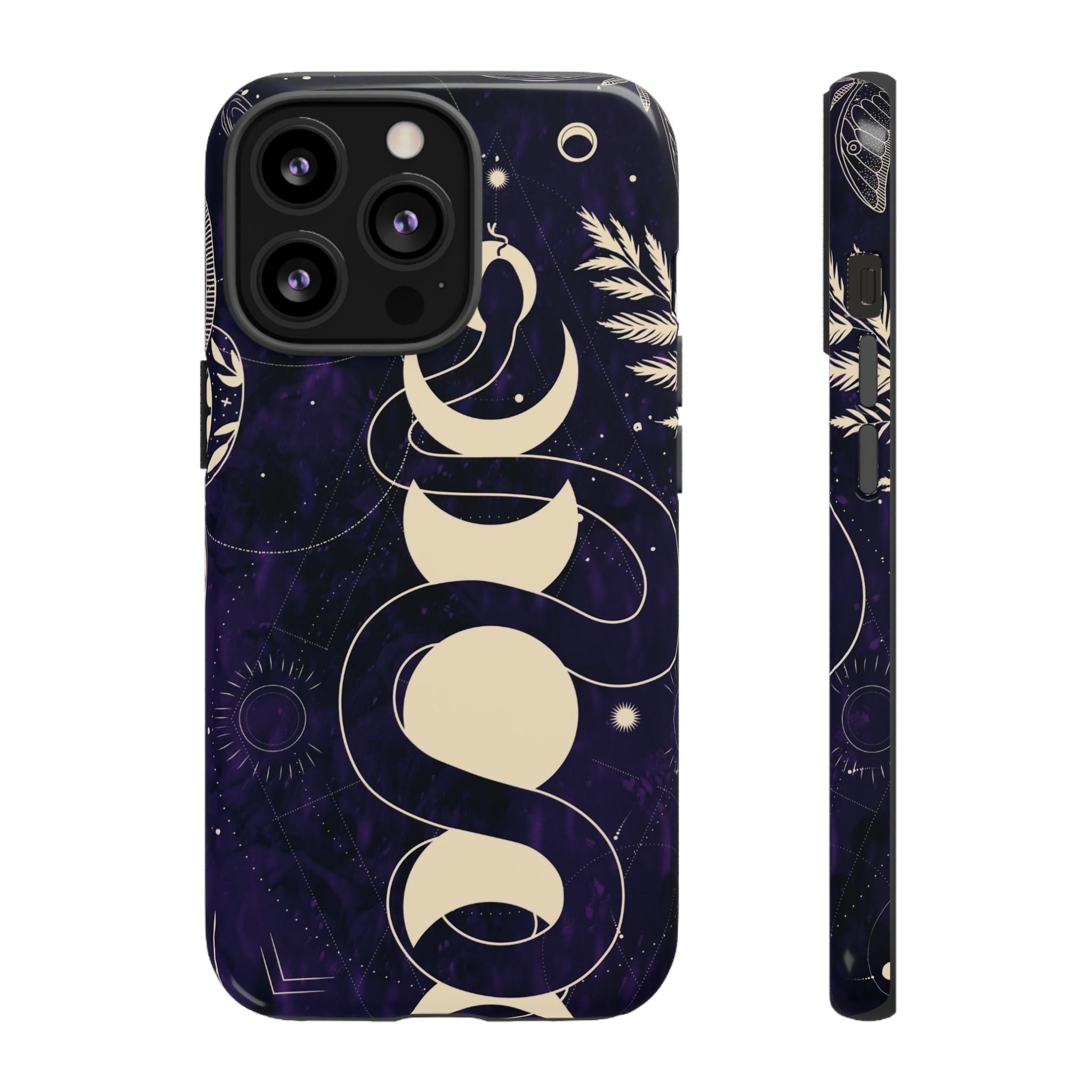 Dark Violet Phone Case with Lunar Phases, Snake & Cosmic Motifs | Durable and Stylish, Perfect for Astrology Lovers
