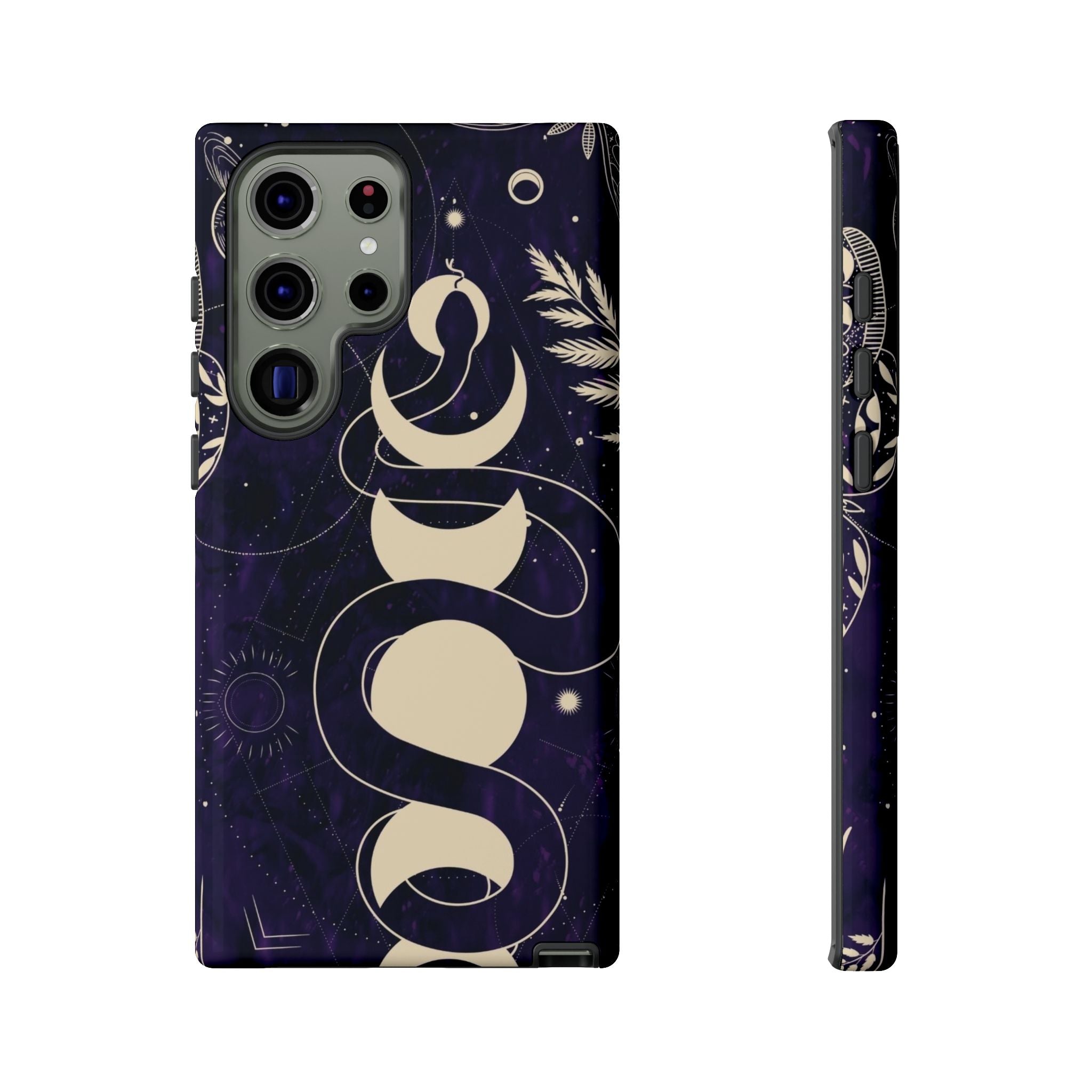 Dark Violet Phone Case with Lunar Phases, Snake & Cosmic Motifs | Durable and Stylish, Perfect for Astrology Lovers