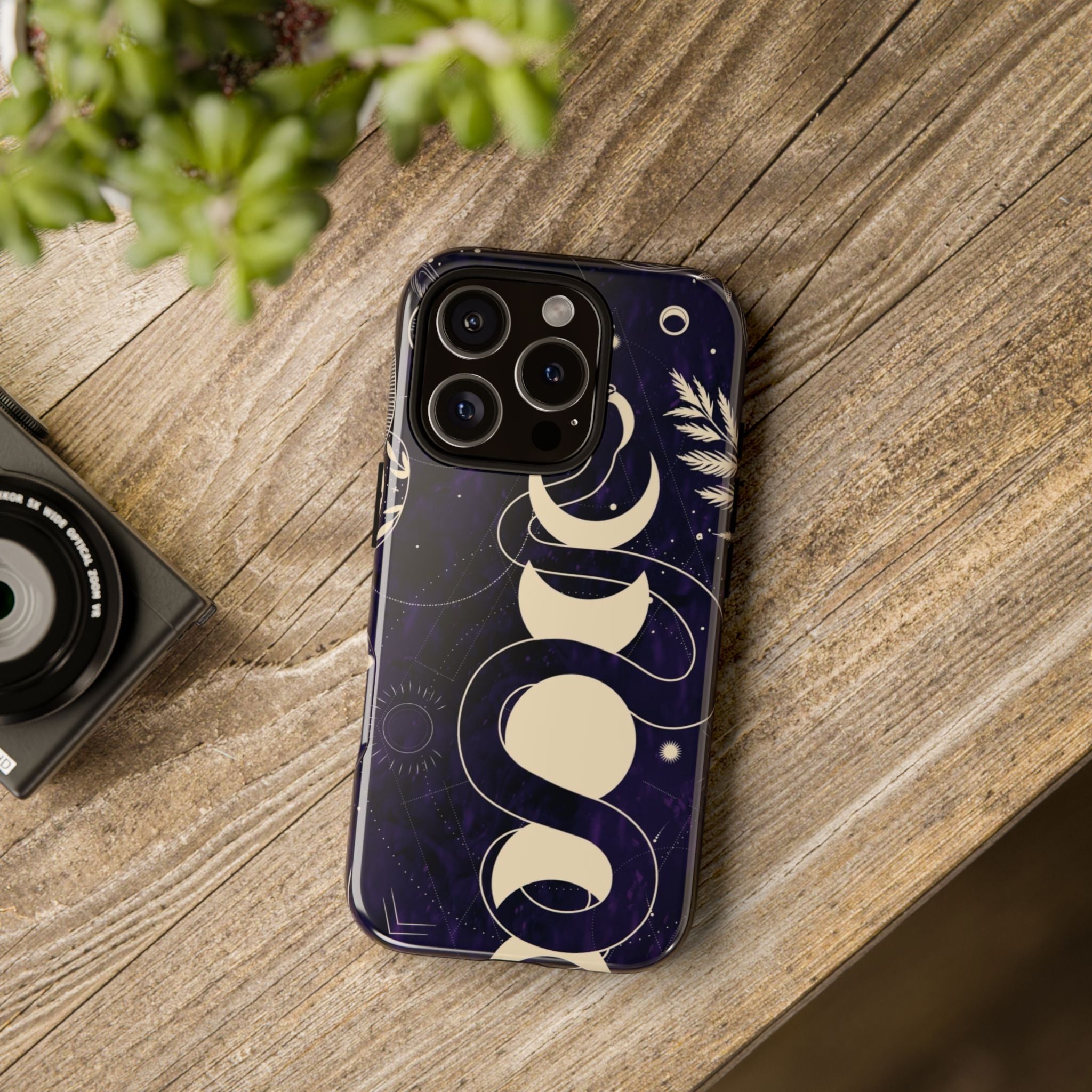 Dark Violet Phone Case with Lunar Phases, Snake & Cosmic Motifs | Durable and Stylish, Perfect for Astrology Lovers
