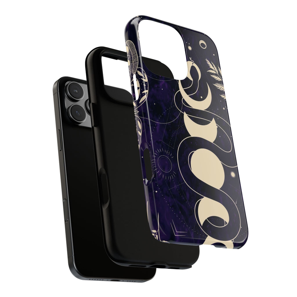 Dark Violet Phone Case with Lunar Phases, Snake & Cosmic Motifs | Durable and Stylish, Perfect for Astrology Lovers