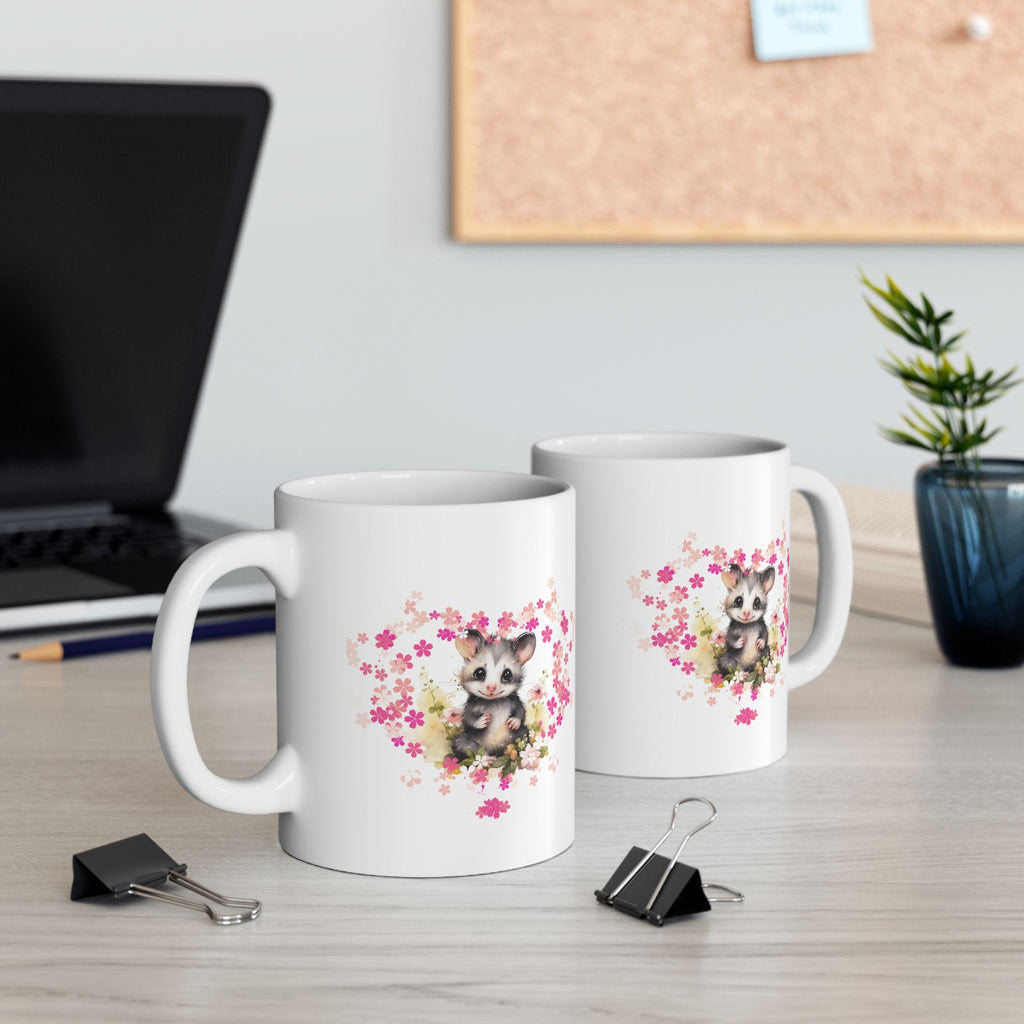 Opossum Ceramic Mug, Cute Floral Heart Opossum Lover Gift, 11oz 15oz Coffee Cup, Animal Wildlife Tea Mug, Gift for Nature Enthusiasts
