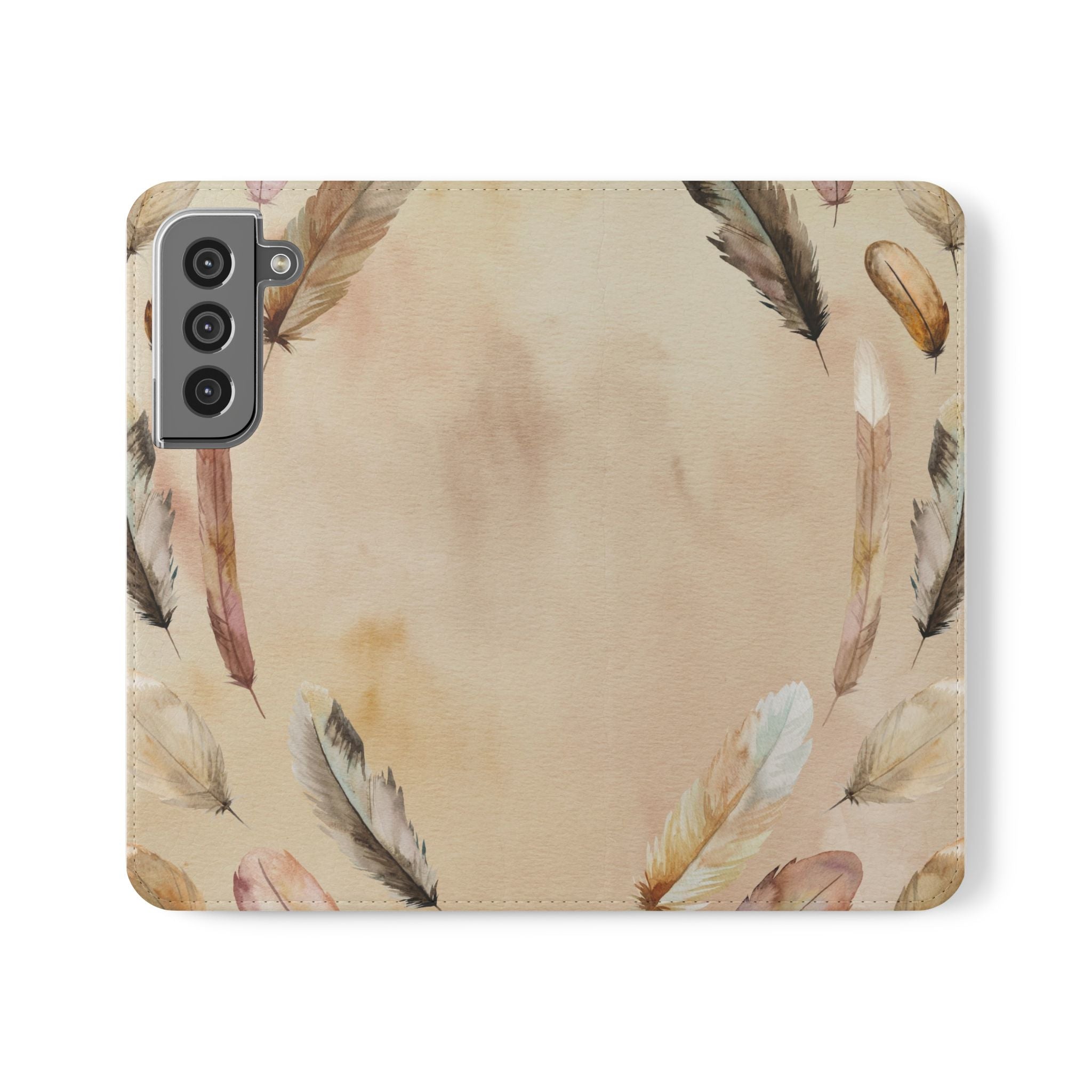 Feathers Flip Case, Phone Case, Protective Cover, Faux Leather Stand Feature Card & Cash Storage, Vibrant Colors, Stylish and Practical