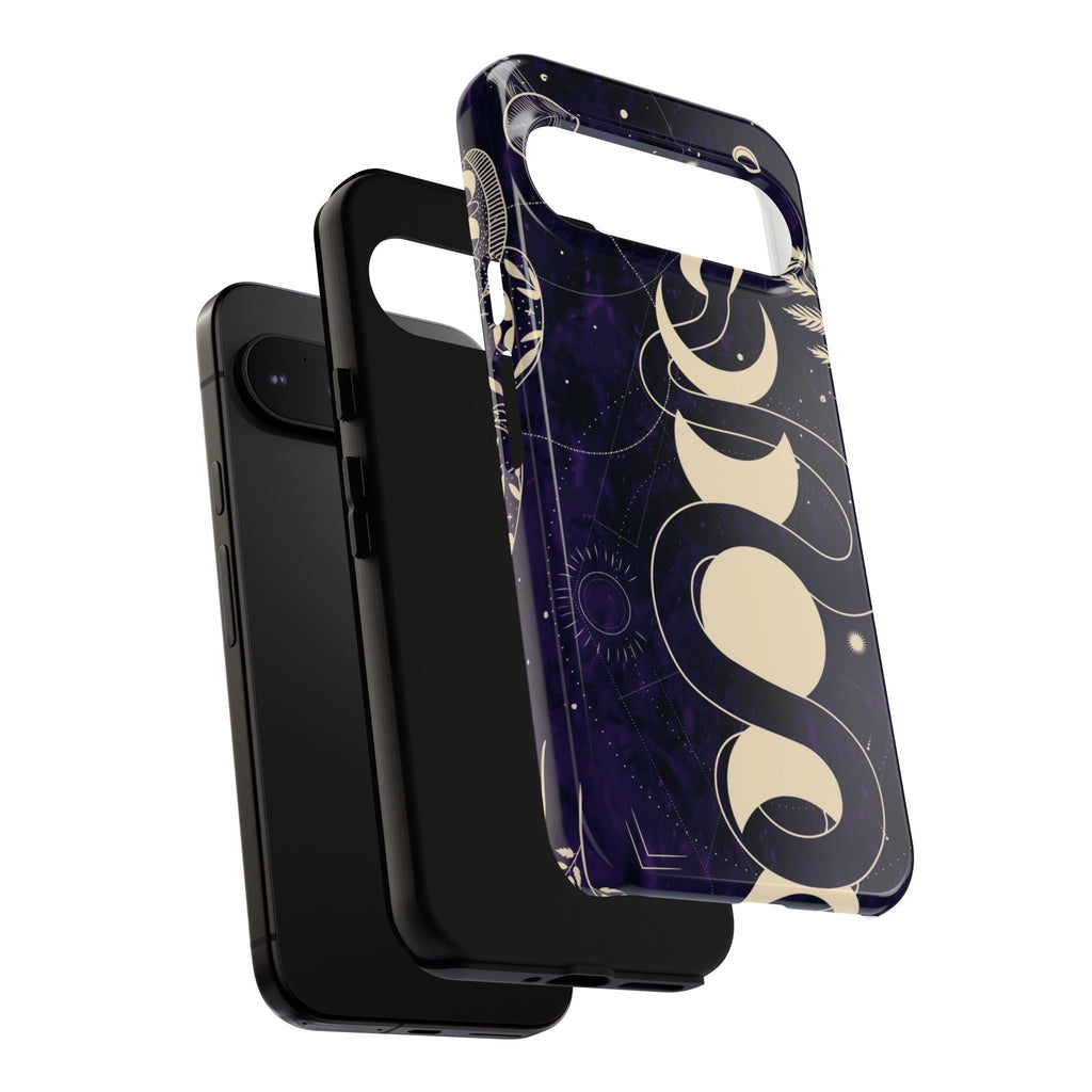 Dark Violet Phone Case with Lunar Phases, Snake & Cosmic Motifs | Durable and Stylish, Perfect for Astrology Lovers