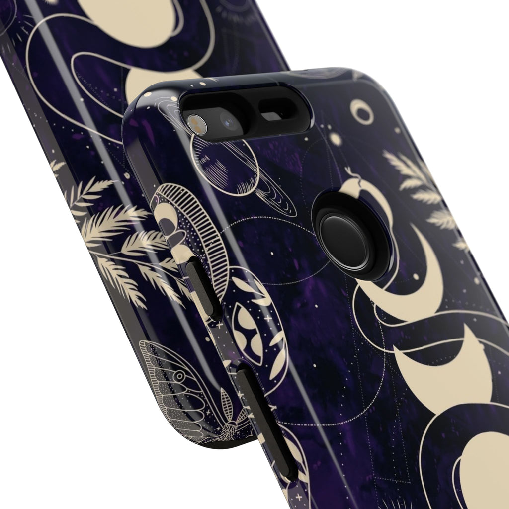 Dark Violet Phone Case with Lunar Phases, Snake & Cosmic Motifs | Durable and Stylish, Perfect for Astrology Lovers