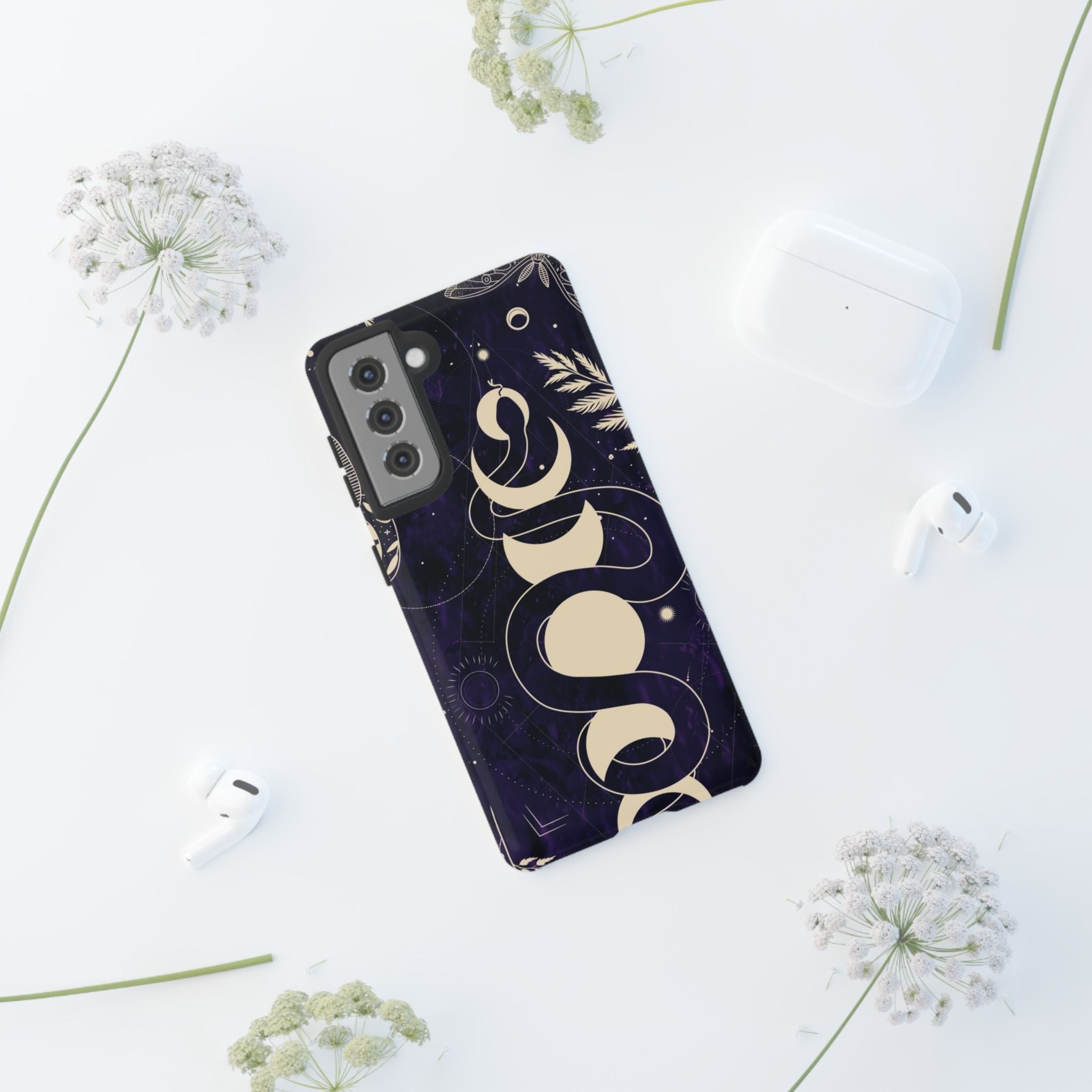Dark Violet Phone Case with Lunar Phases, Snake & Cosmic Motifs | Durable and Stylish, Perfect for Astrology Lovers