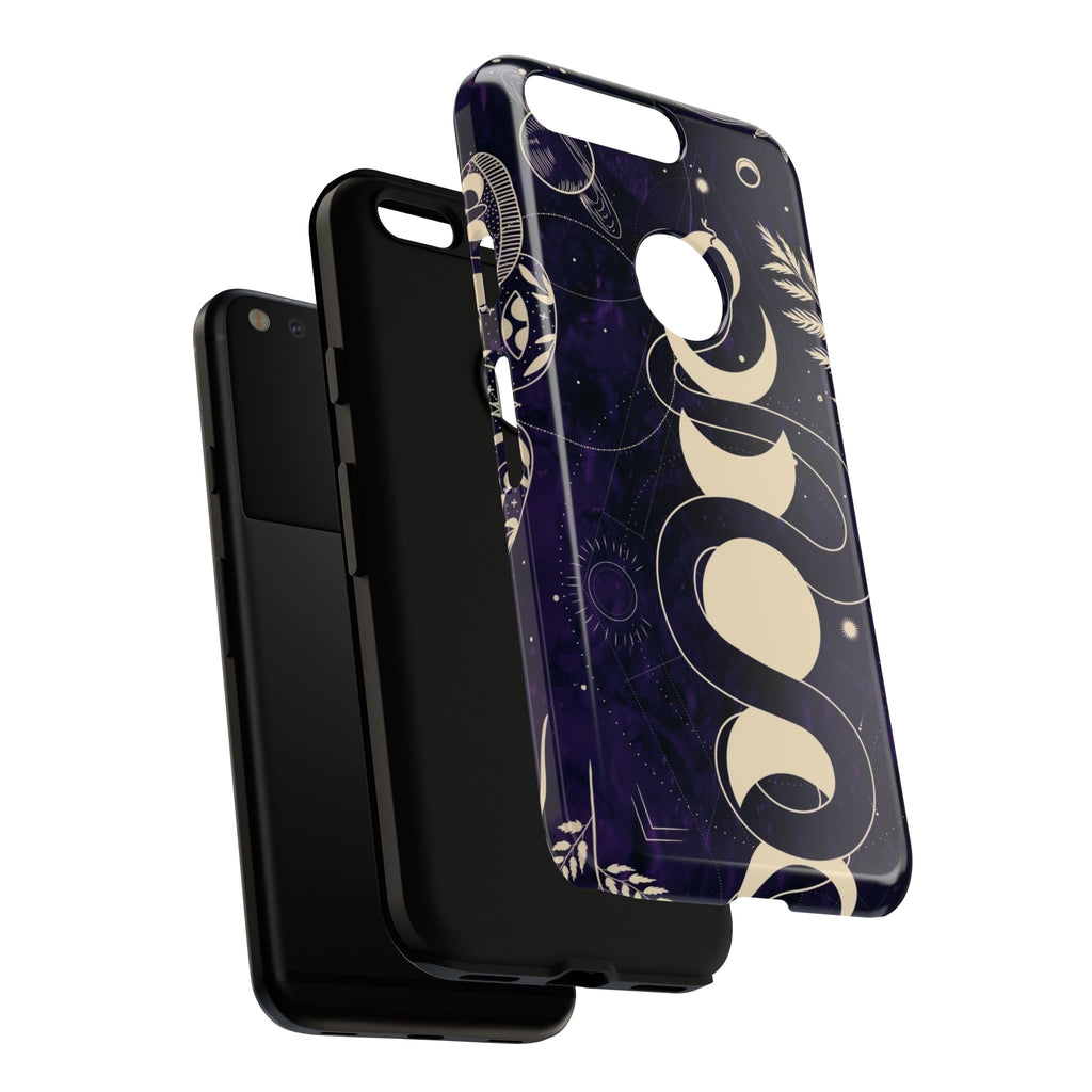 Dark Violet Phone Case with Lunar Phases, Snake & Cosmic Motifs | Durable and Stylish, Perfect for Astrology Lovers