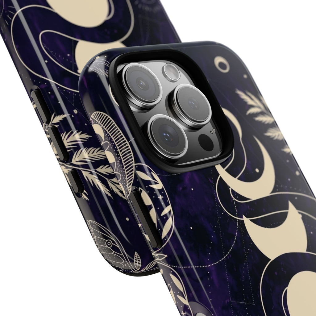 Dark Violet Phone Case with Lunar Phases, Snake & Cosmic Motifs | Durable and Stylish, Perfect for Astrology Lovers