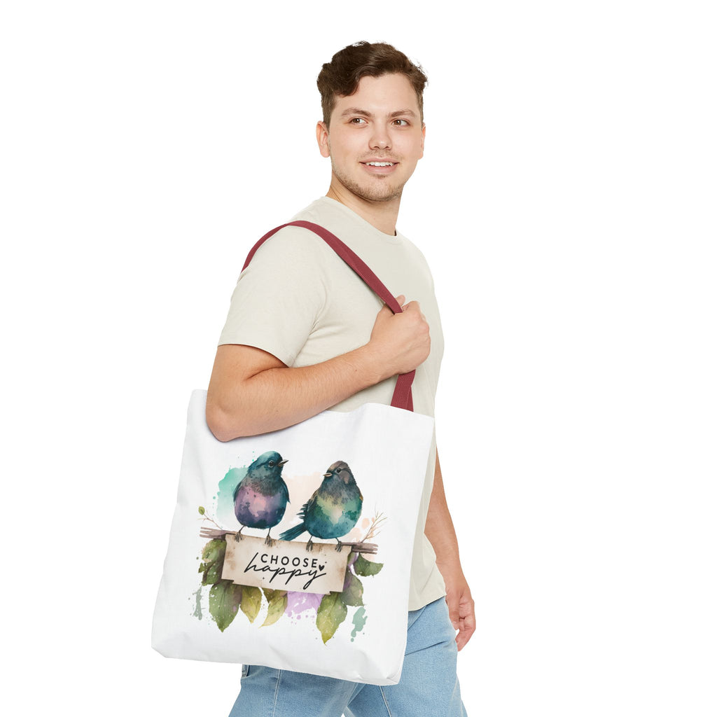 Cheerful Bird Design Tote Bag - Choose Happy Watercolor Print - 3 Sizes Available | Bird Lover Gift Idea |  Whimsical Birds Versatile Tote