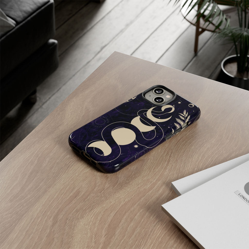 Dark Violet Phone Case with Lunar Phases, Snake & Cosmic Motifs | Durable and Stylish, Perfect for Astrology Lovers