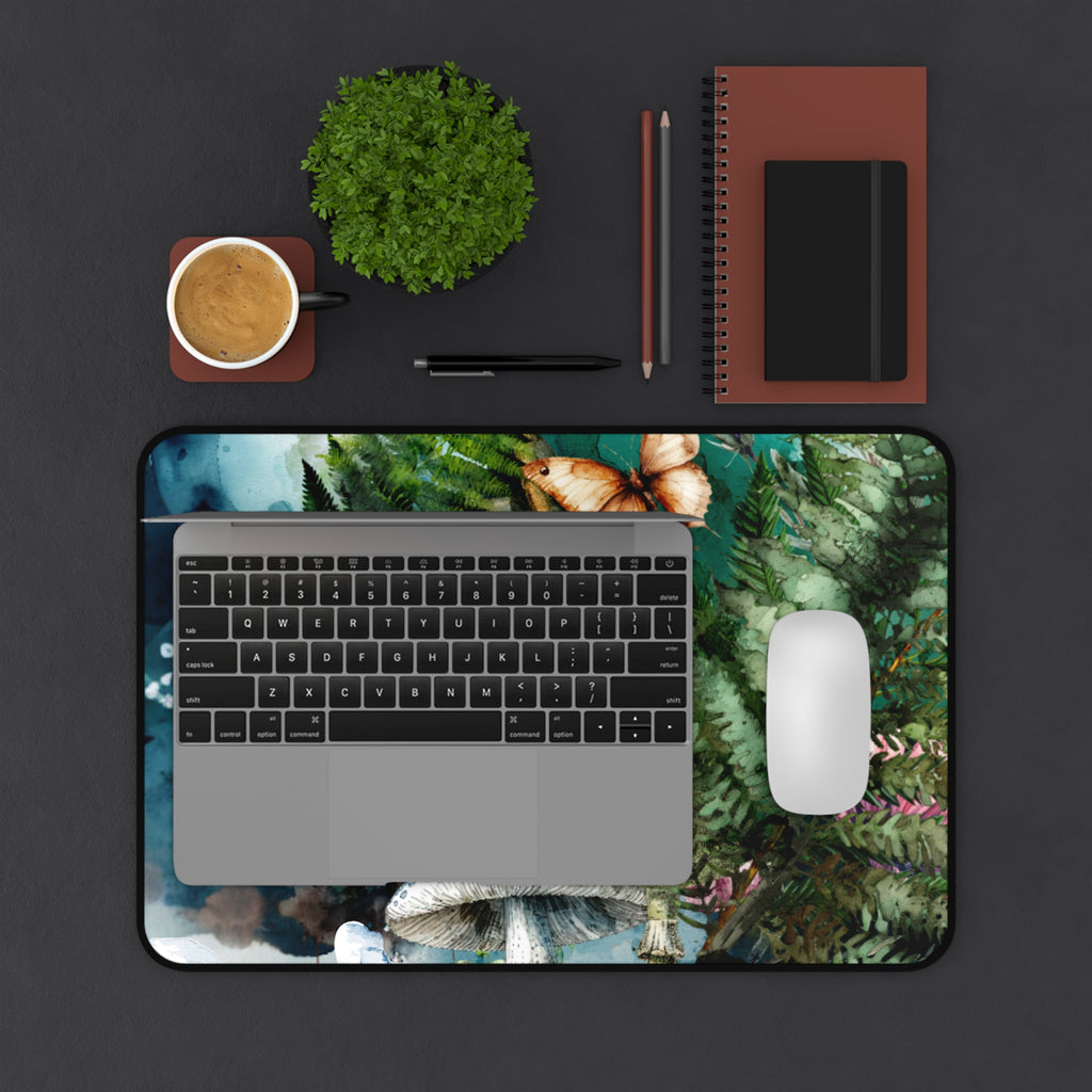 Mushroom Forest Desk Mat – Botanical Mouse Pad with Ferns & Butterflies